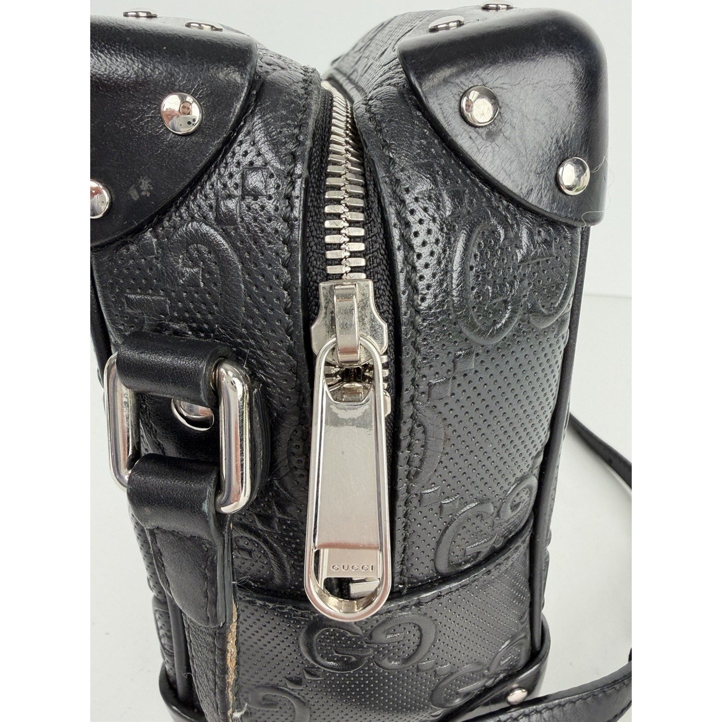 Gucci GG Embossed Leather Shoulder Bag Small in Black Perforated Leather S19