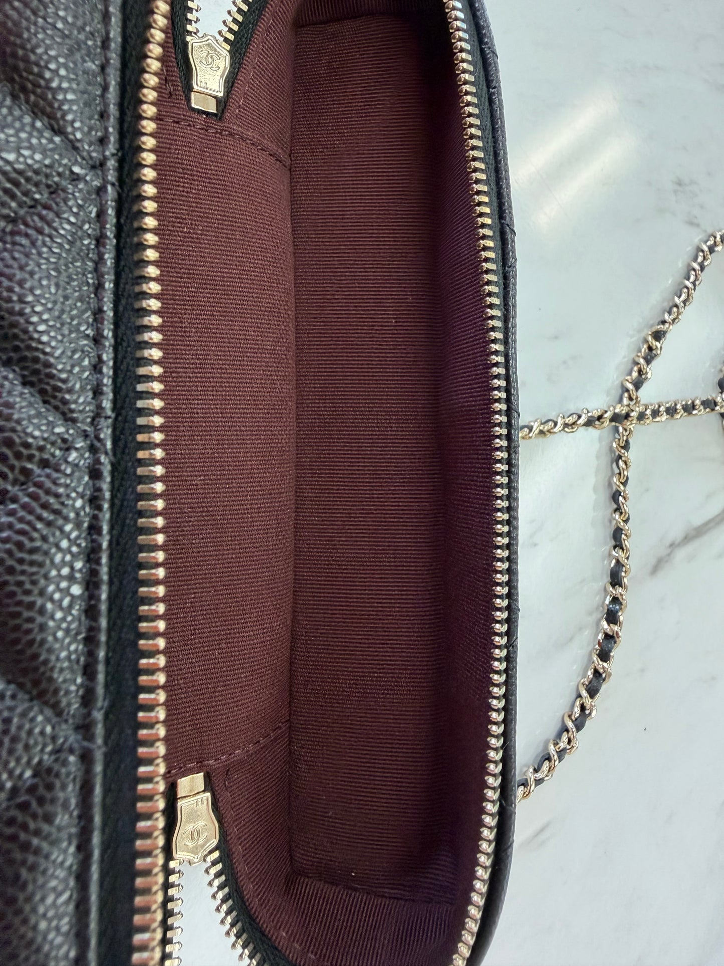 Chanel Caviar Quilted Top Handle Slim Vanity Case with Chain