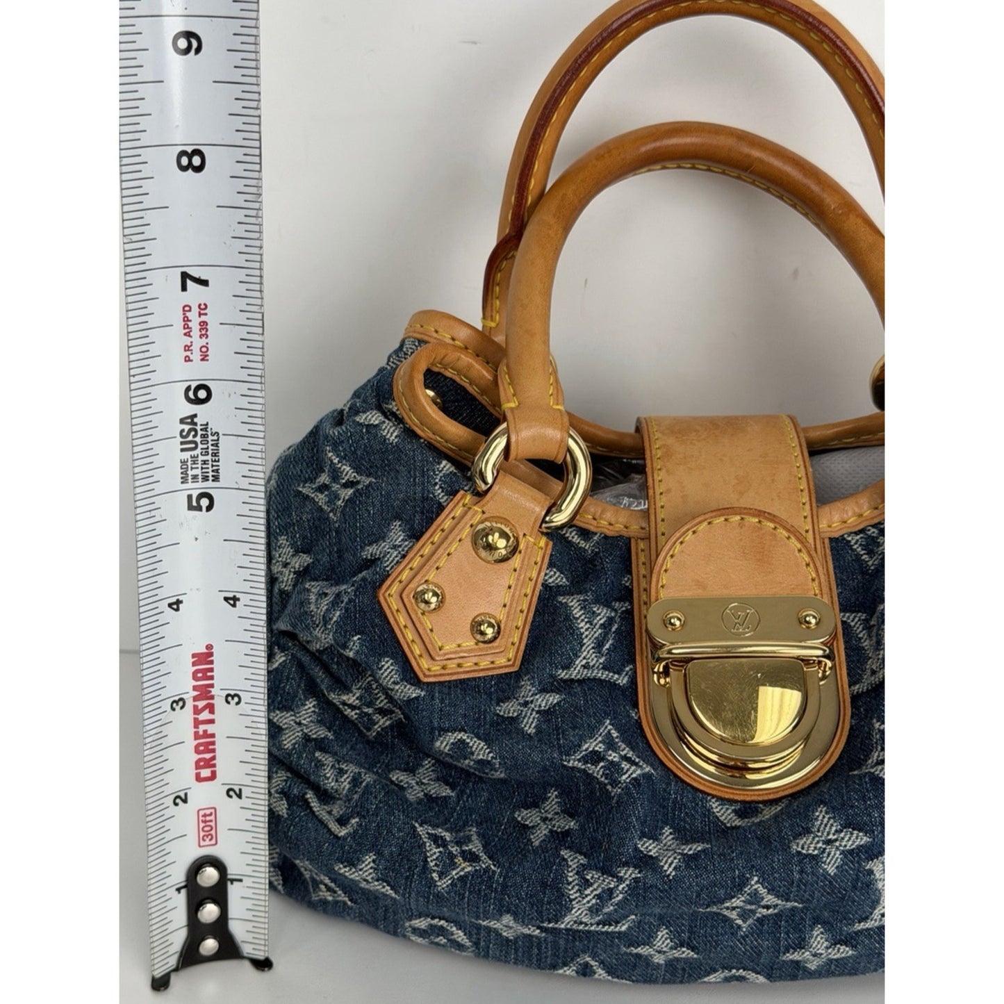Louis Vuitton Denim Pleaty HandBag Blue Monogram & Gold-Tone Hardware D8