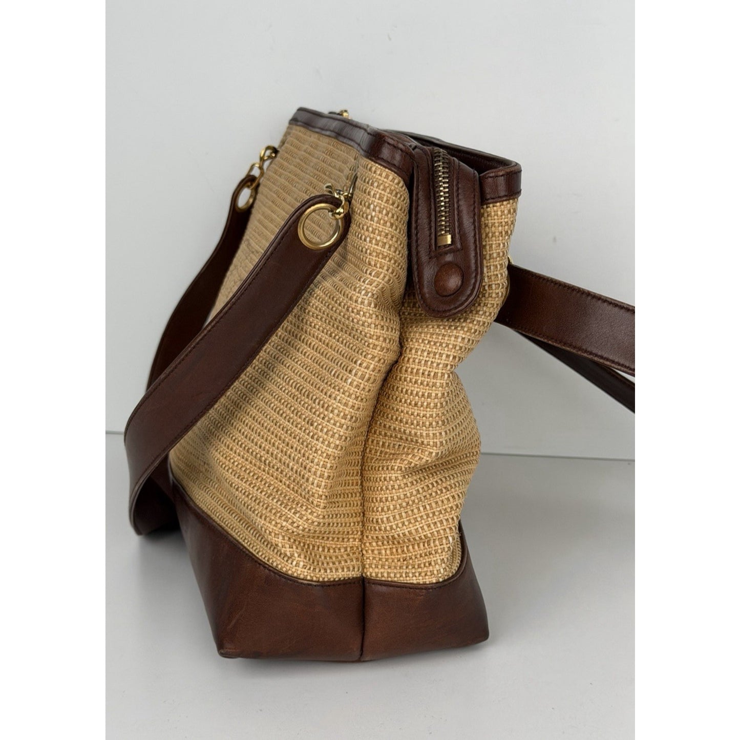 Chanel Raffia-Woven Tote Bag 1994 Vintage Beige Straw & Lambskin Leather Trim E5