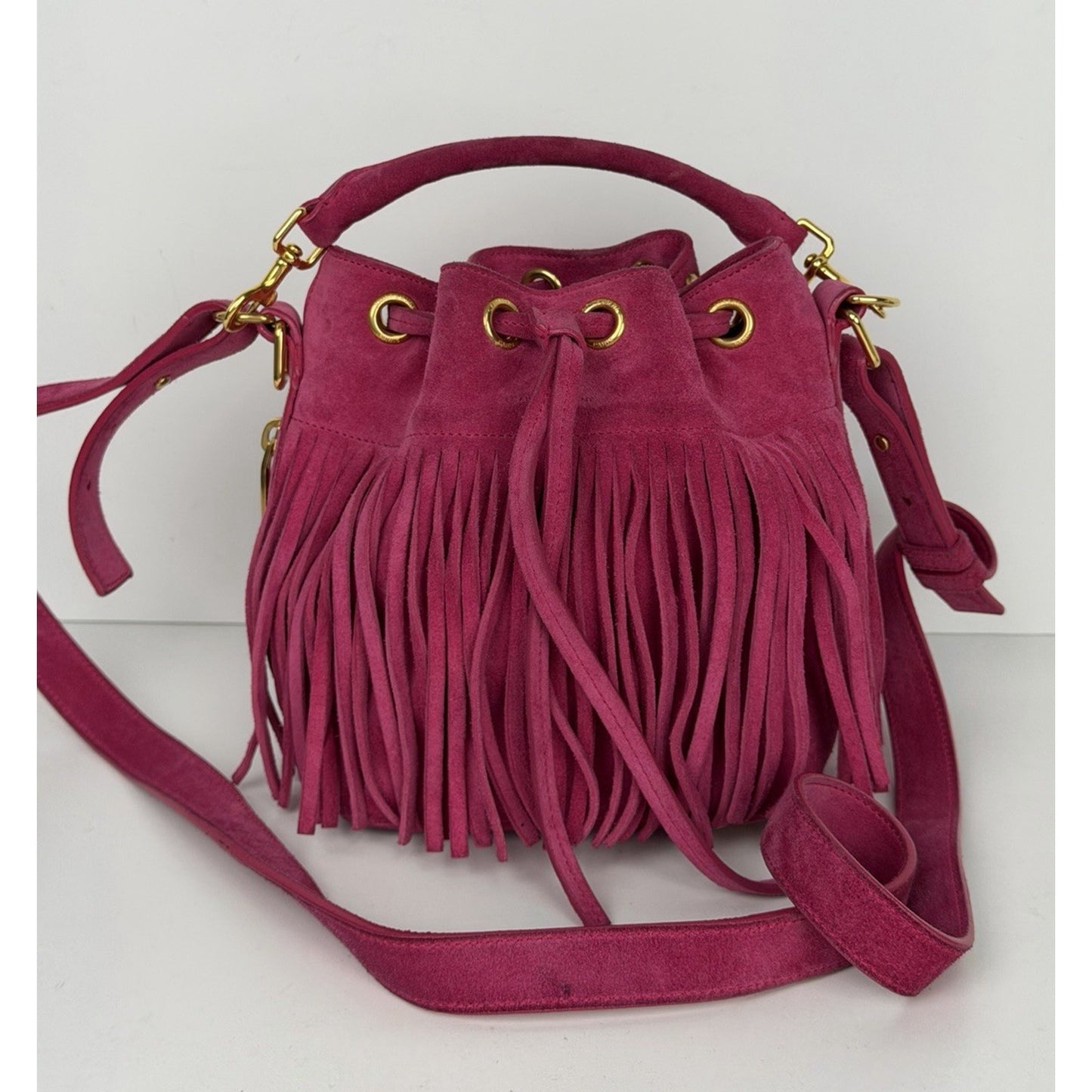 Saint Laurent Emmanuelle Fringe Bucket Bag in Pink Suede F2