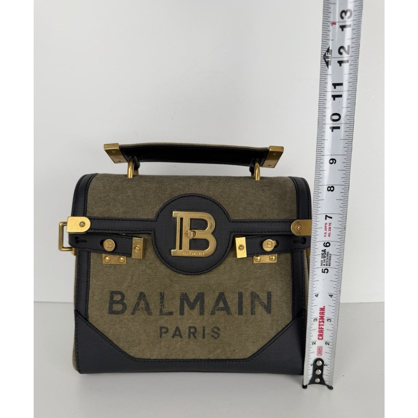 Balmain B-Buzz 23 Bag in Khaki Canvas & Black Leather with Gold-Tone Hardware S4