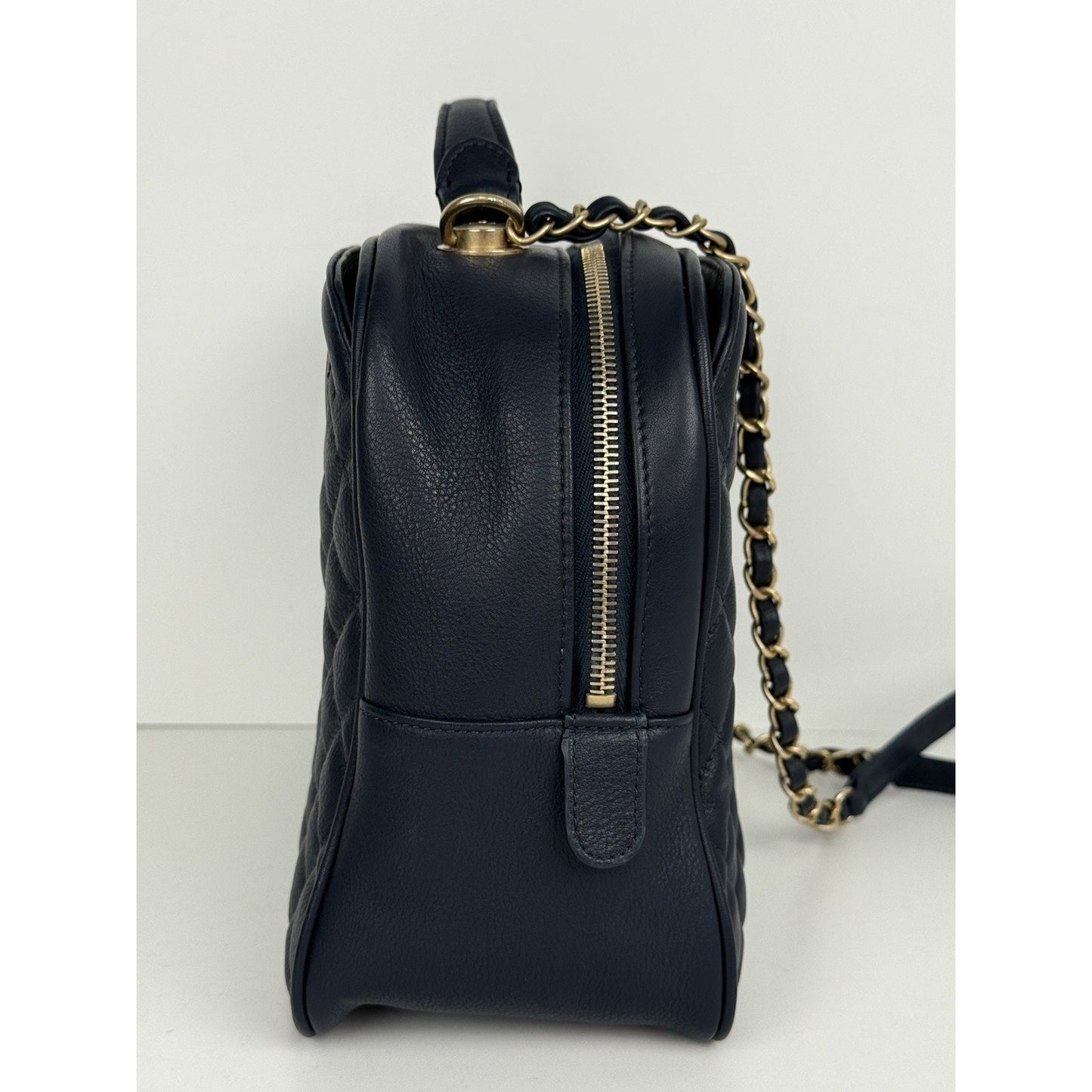 CHANEL Calfskin Quilted CC Medium Vanity Case Navy Blue Gold Hardware B-5