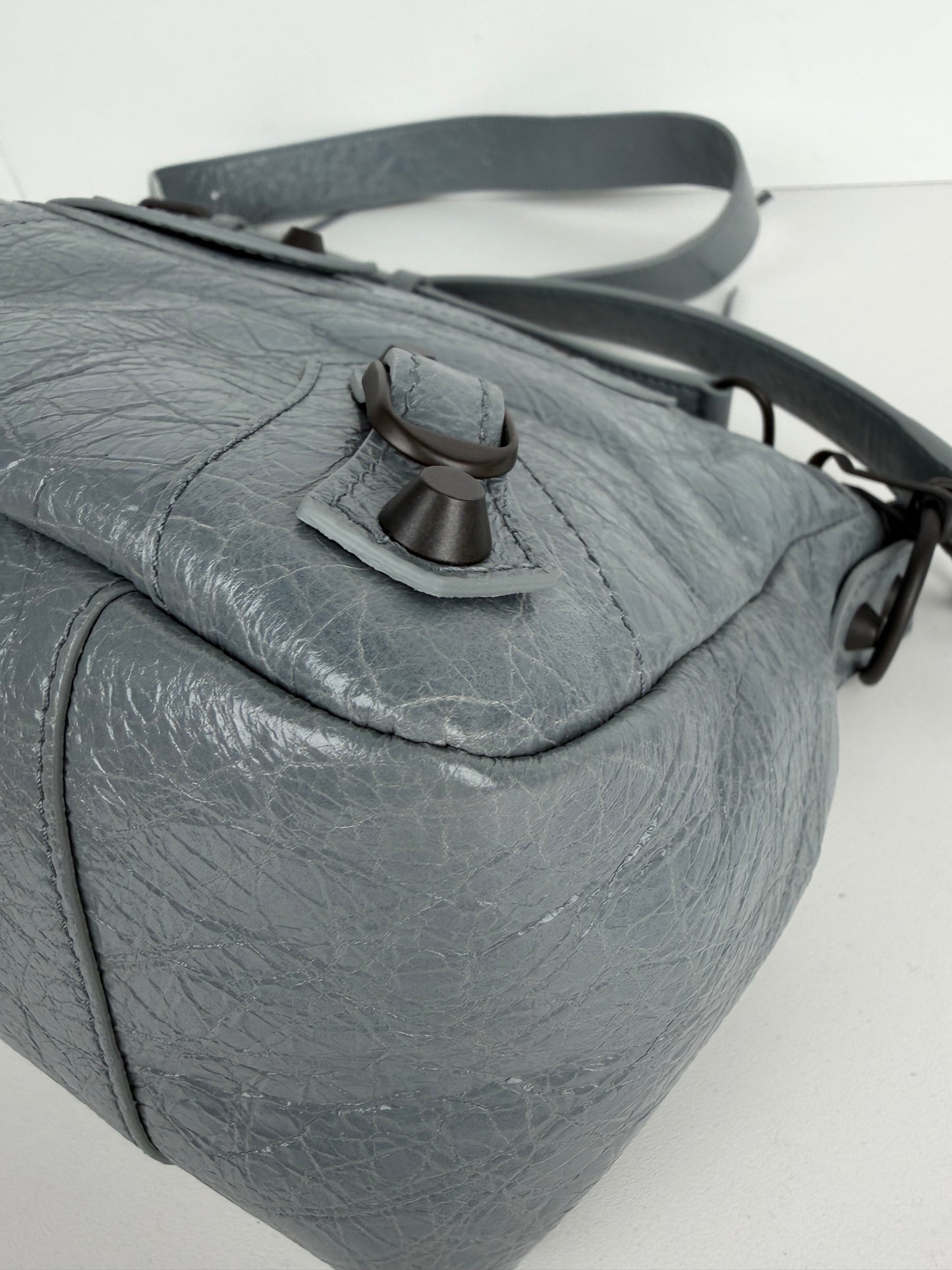 Balenciaga Le City Moto Shoulder Bag Small in Blue-Gray Crinkled Leather YC-5