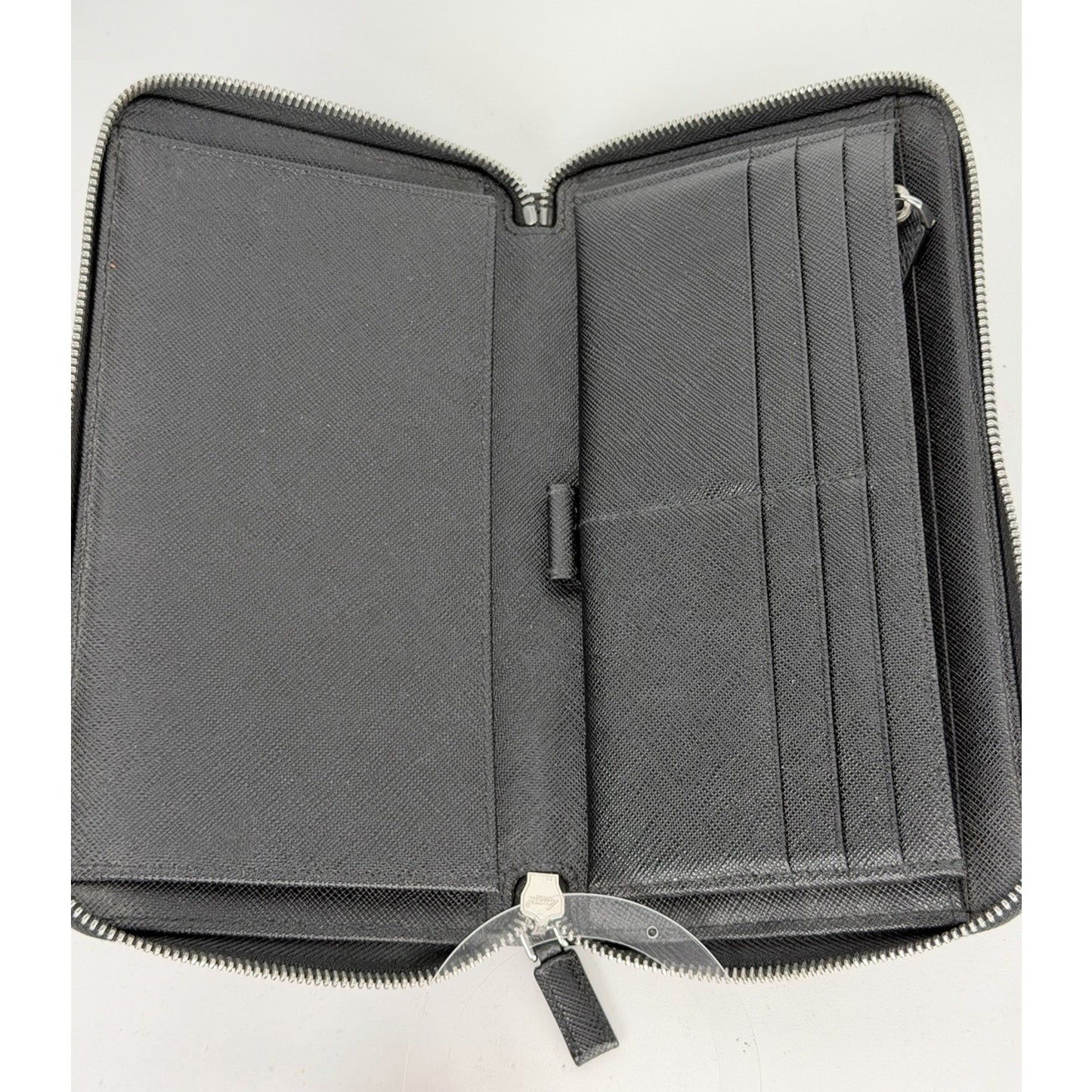 Prada Long Wallet Zip-Around in Black Saffiano Leather Silver-Tone Hardware