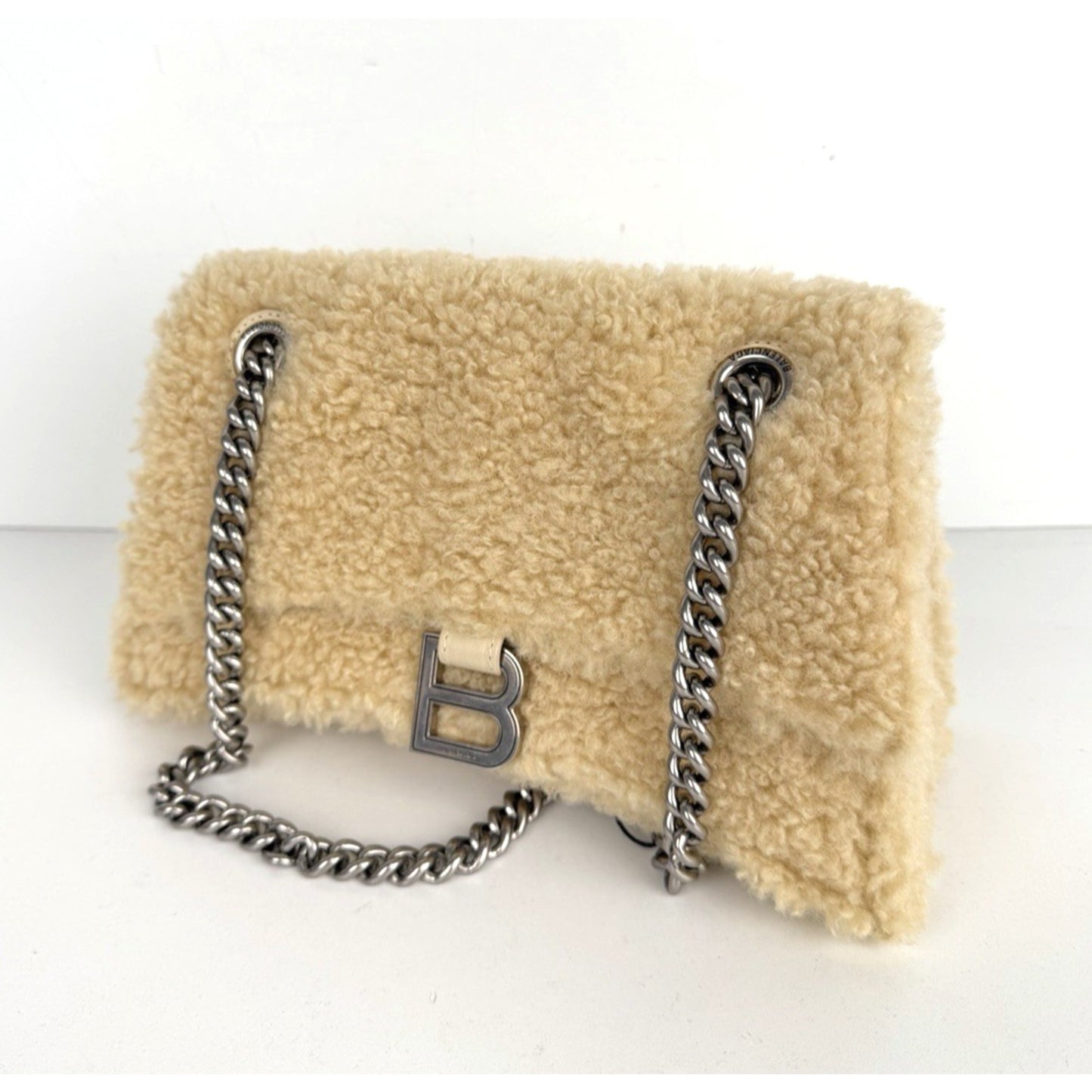 Balenciaga Hourglass Chain Shoulder Bag Small in Beige Curly Faux Shearling C-9