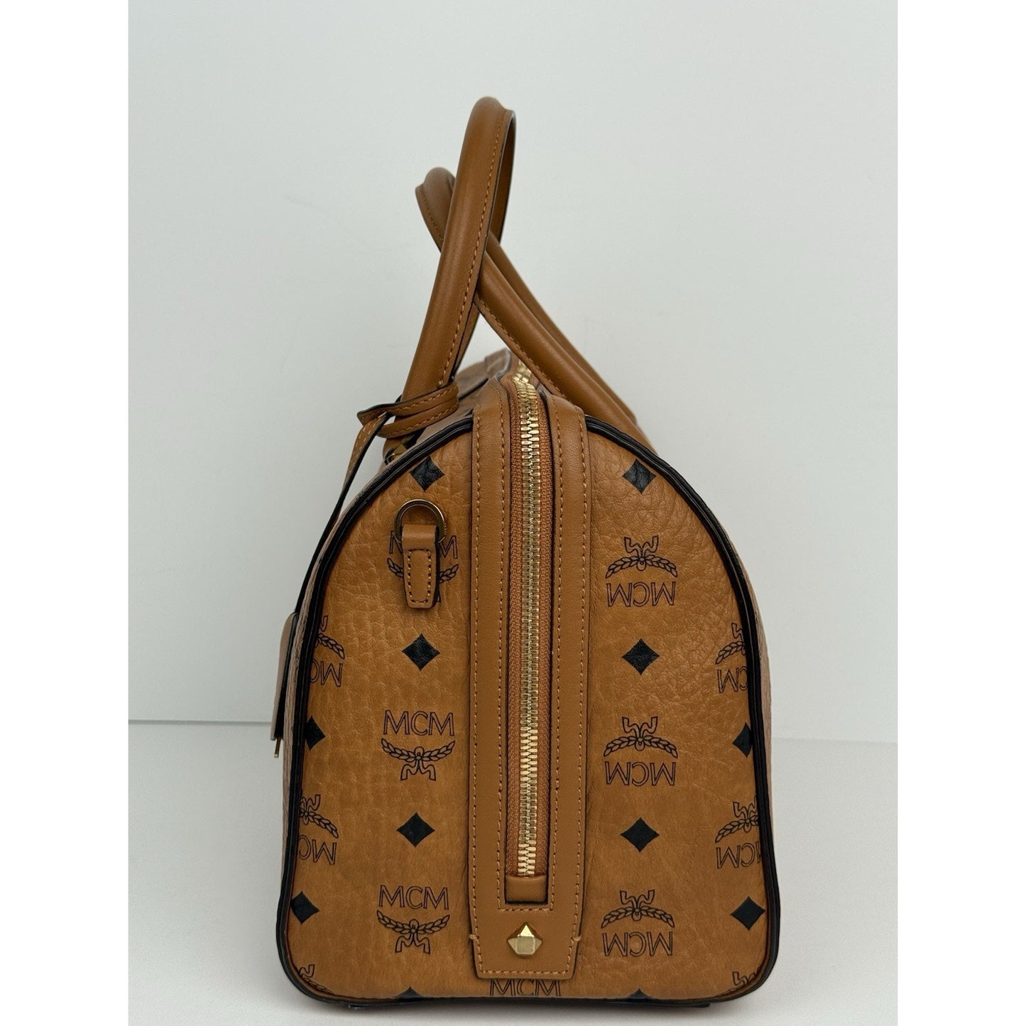 MCM Visetos Cognac Boston Satchel Handbag