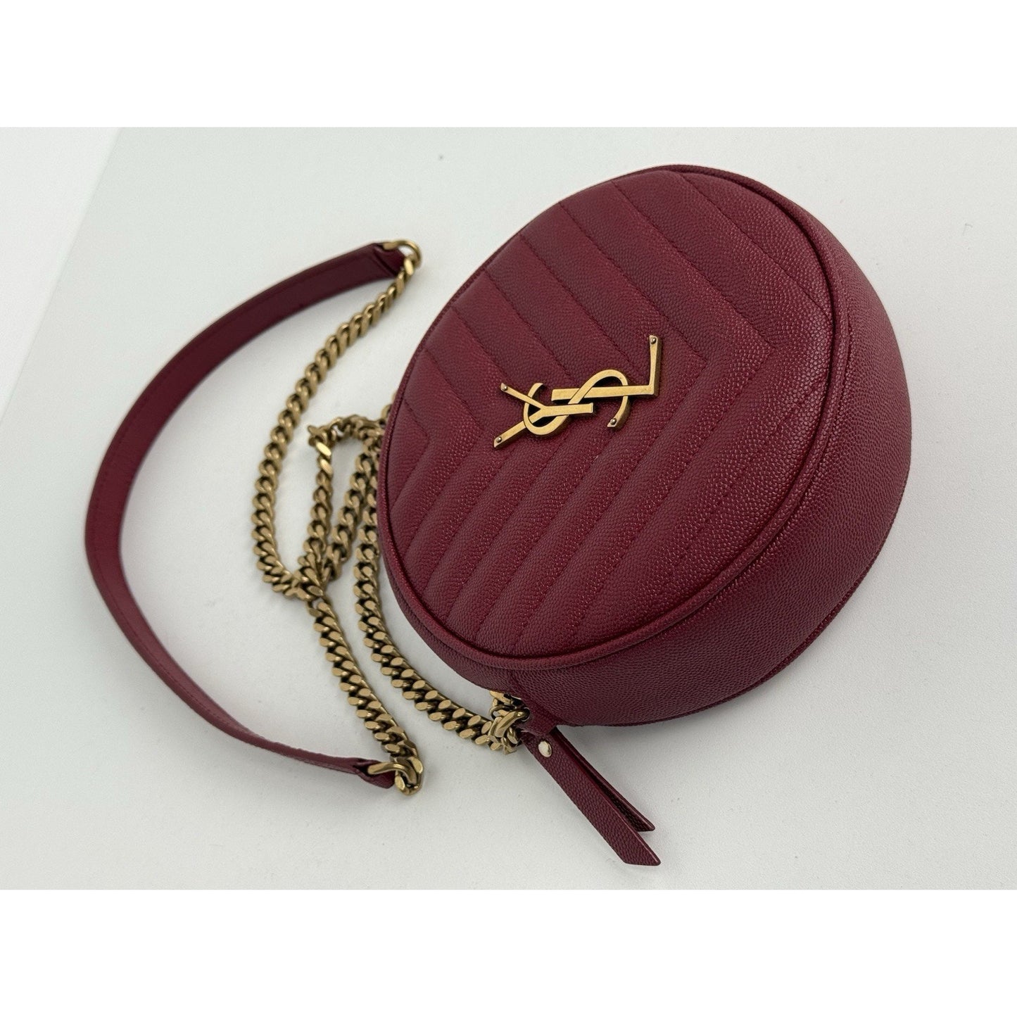 Saint Laurent Monogram Round Bag Burgundy with Gold Hardware