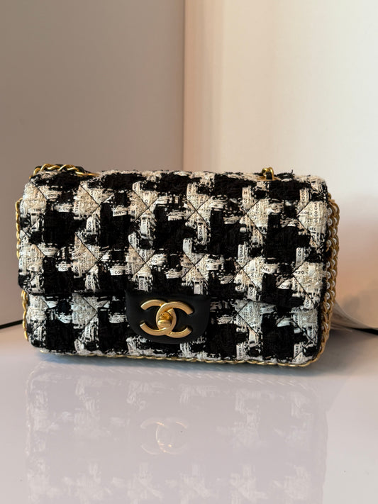CHANEL Black/White Quilted Tweed River Of Pearls Mini Flap Bag