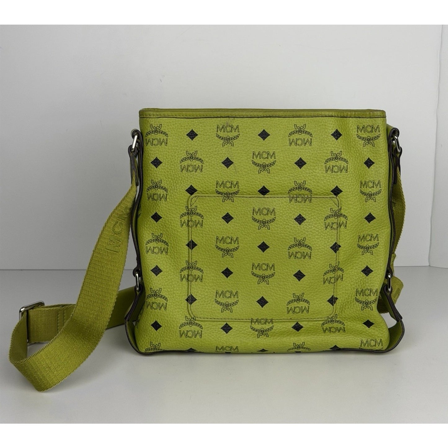 MCM Messenger Crossbody Bag in Neon Green Visetos Monogram Leather S-15