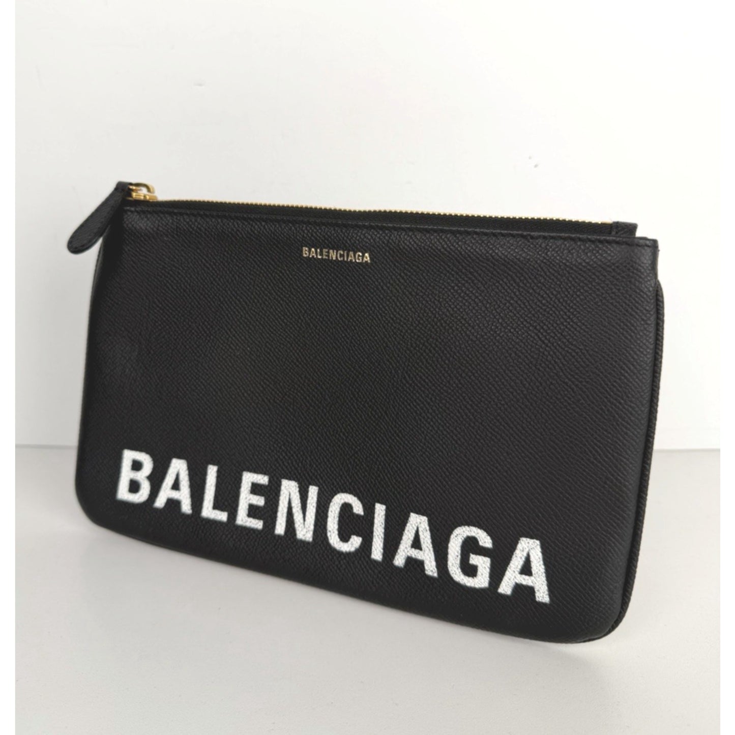 Balenciaga Ville Clutch Bag in Black Grained Leather with White Logo S-16