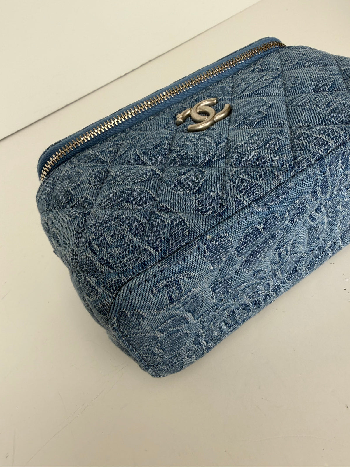 Chanel Denim Quilted Camellia Sweetheart Small Vanity Case in Blue Denim NFC YC3