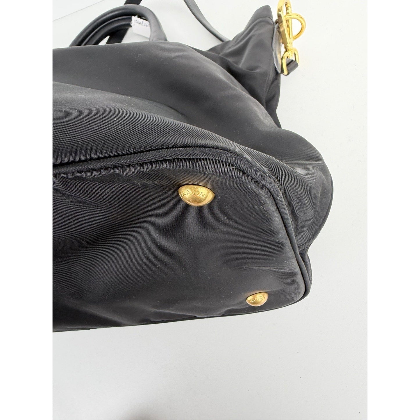 Prada Tessuto Tote Bag in Black Nylon with Gold Hardware Buckle Accents S