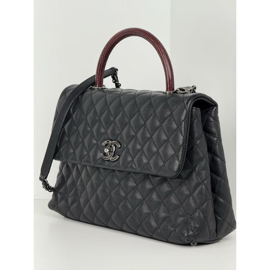 Chanel Caviar Lizard Quilted Larg Coco Handle Flap Black Top Handle Shoulder Bag