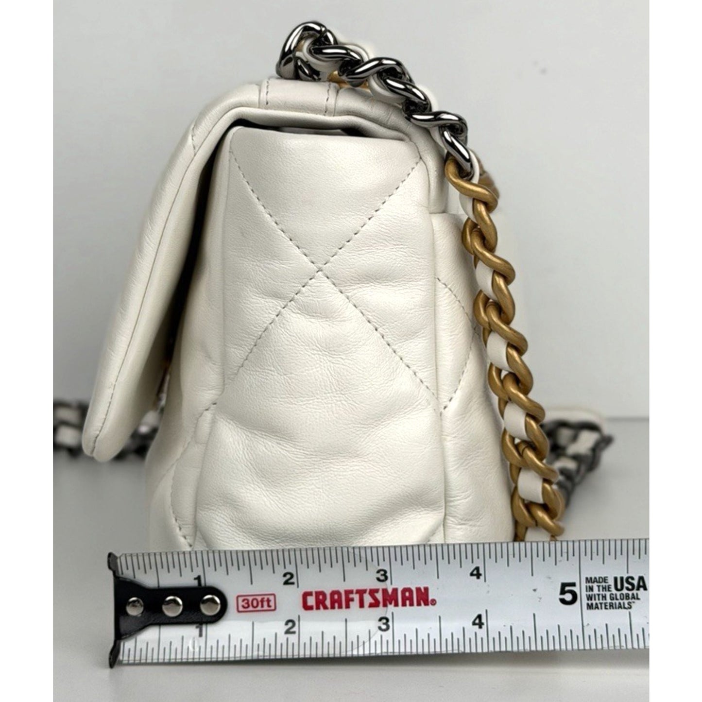 Chanel 19 Flap Small Shoulder Bag in Beige Quilted Lambskin Leather NFC E3