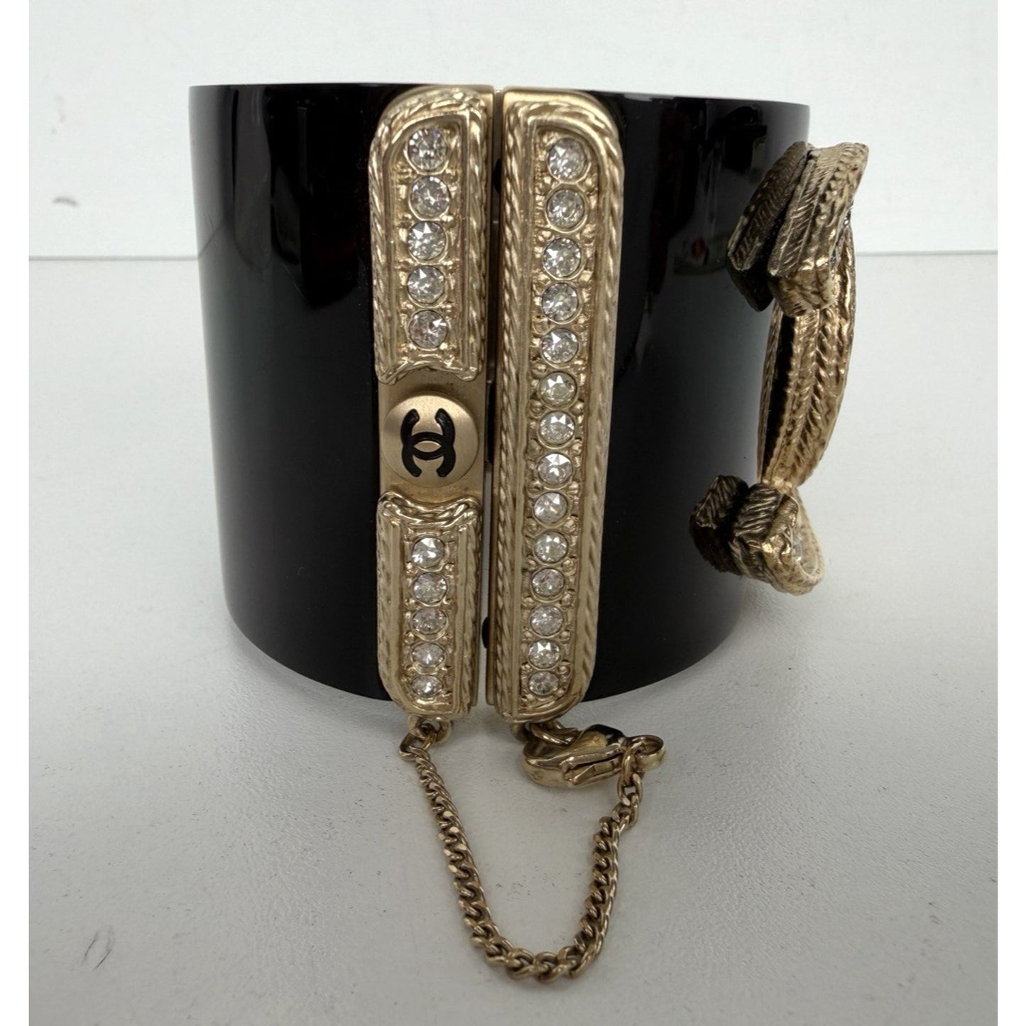 Chanel Resin & Crystal CC Hinged Cuff Wide Bracelet in Black & Gold