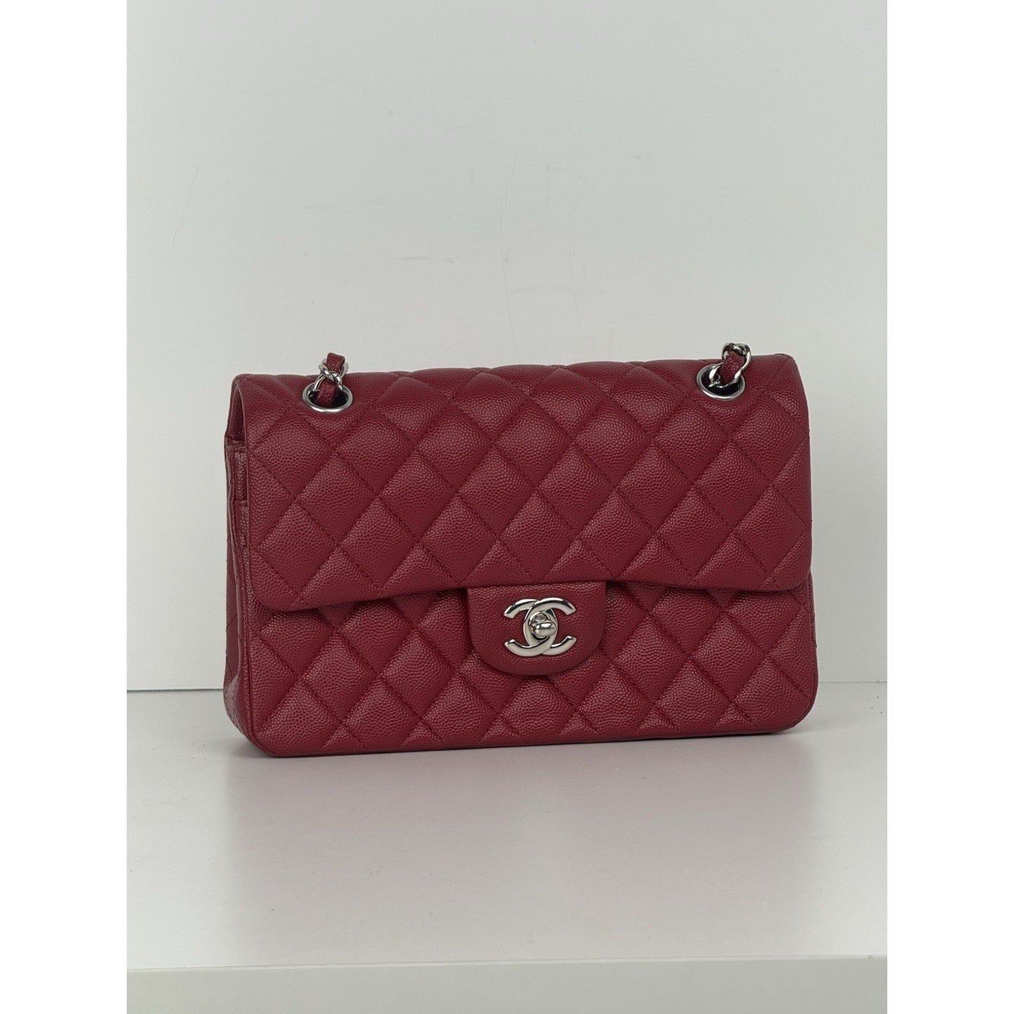 CHANEL Timeless Classic Small Red Caviar Leather Double Flap Shoulder Bag