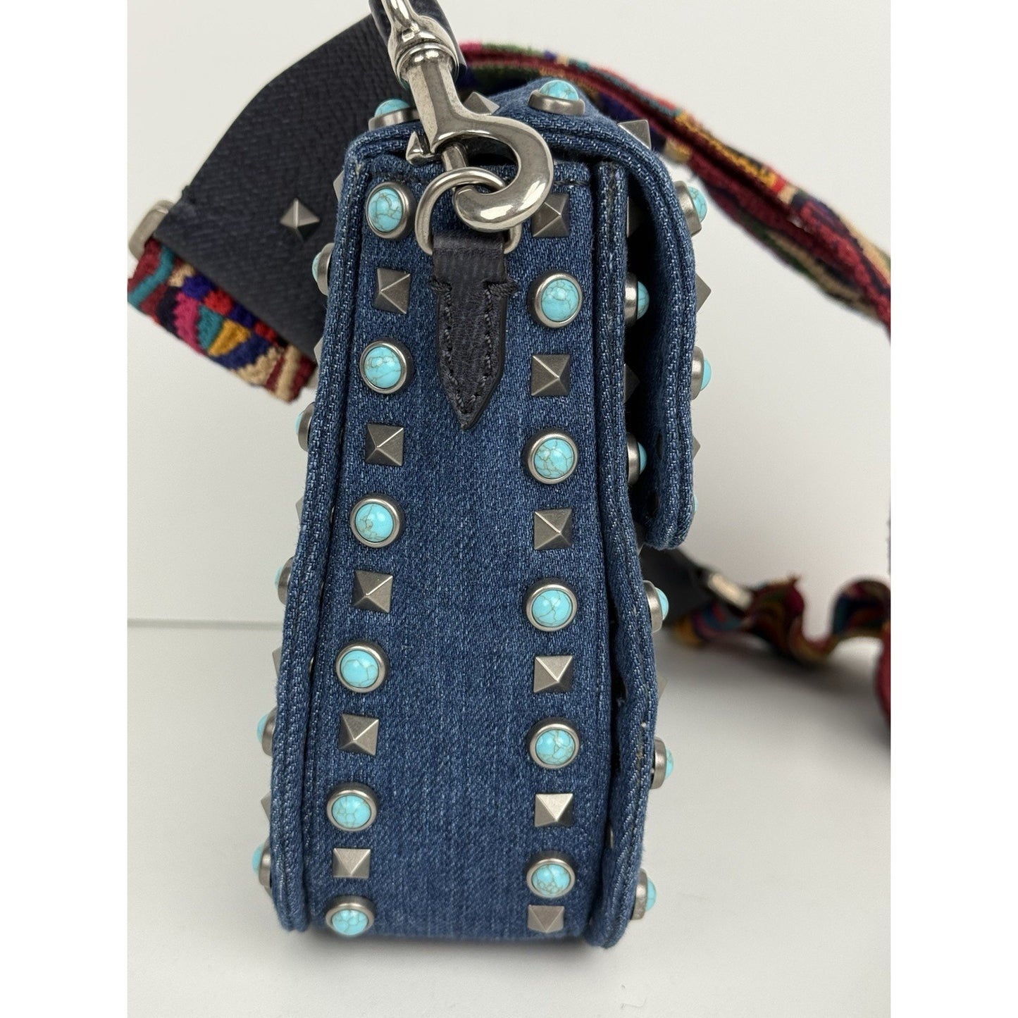 Valentino Rolling Rockstud Denim and Leather Shoulder Bag with Multicolor Strap