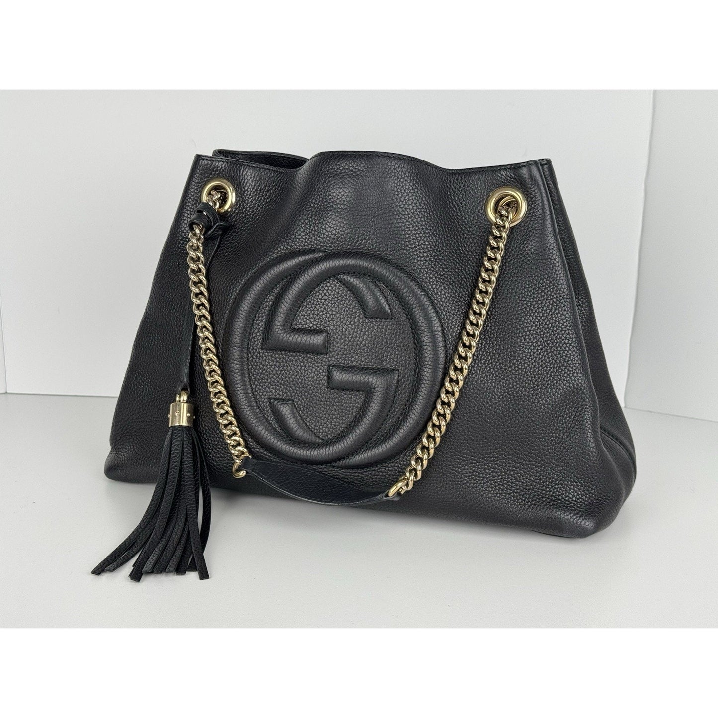 Gucci Soho Black Pebbled Leather Chain Tote Bag C-7