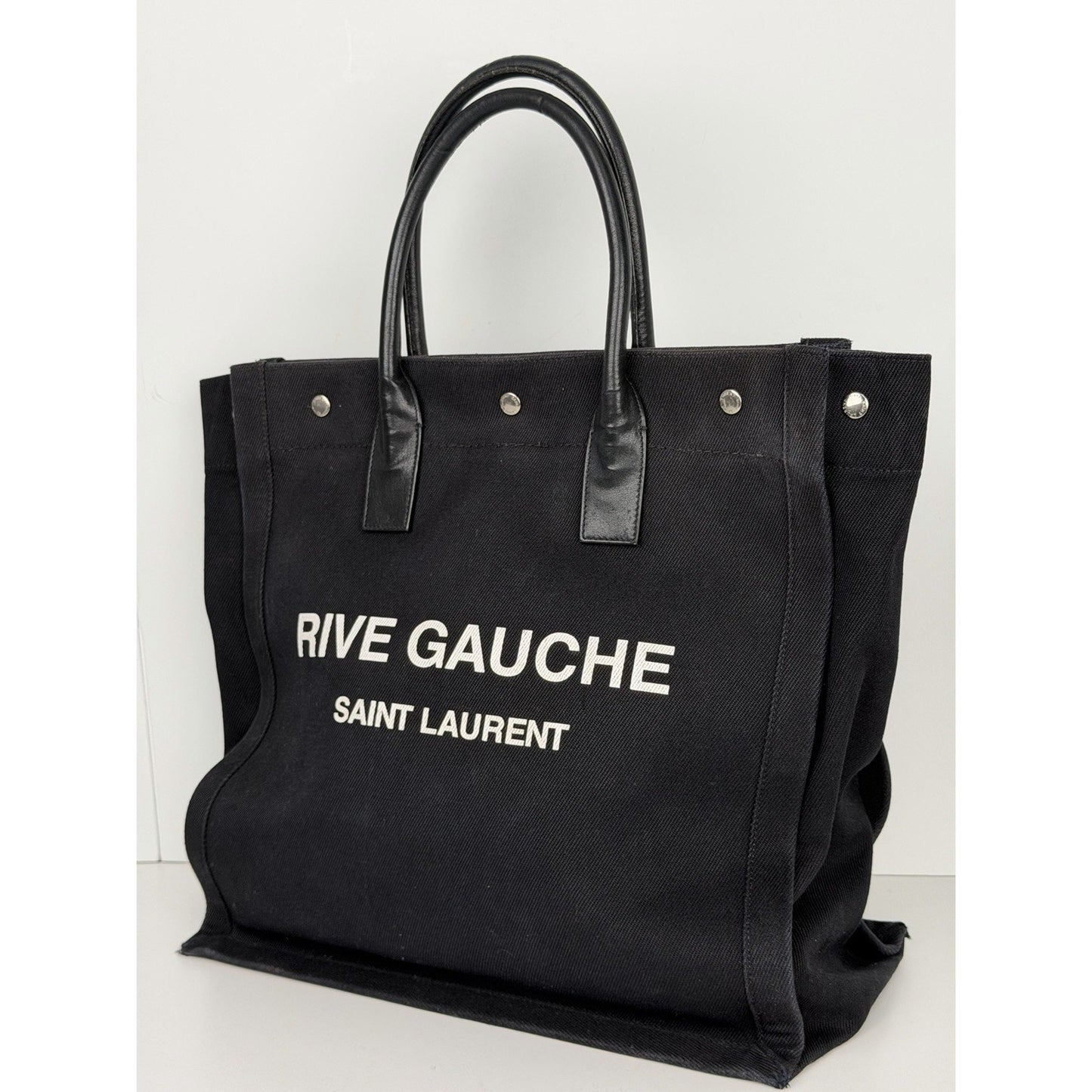 Saint Laurent Rive Gauche Tote Bag Small in Black Canvas and Calfskin S11