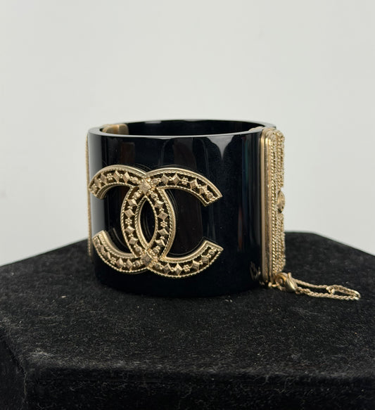 Chanel Resin Hinged Cuff Wide Bracelet in Black & Gold K-3