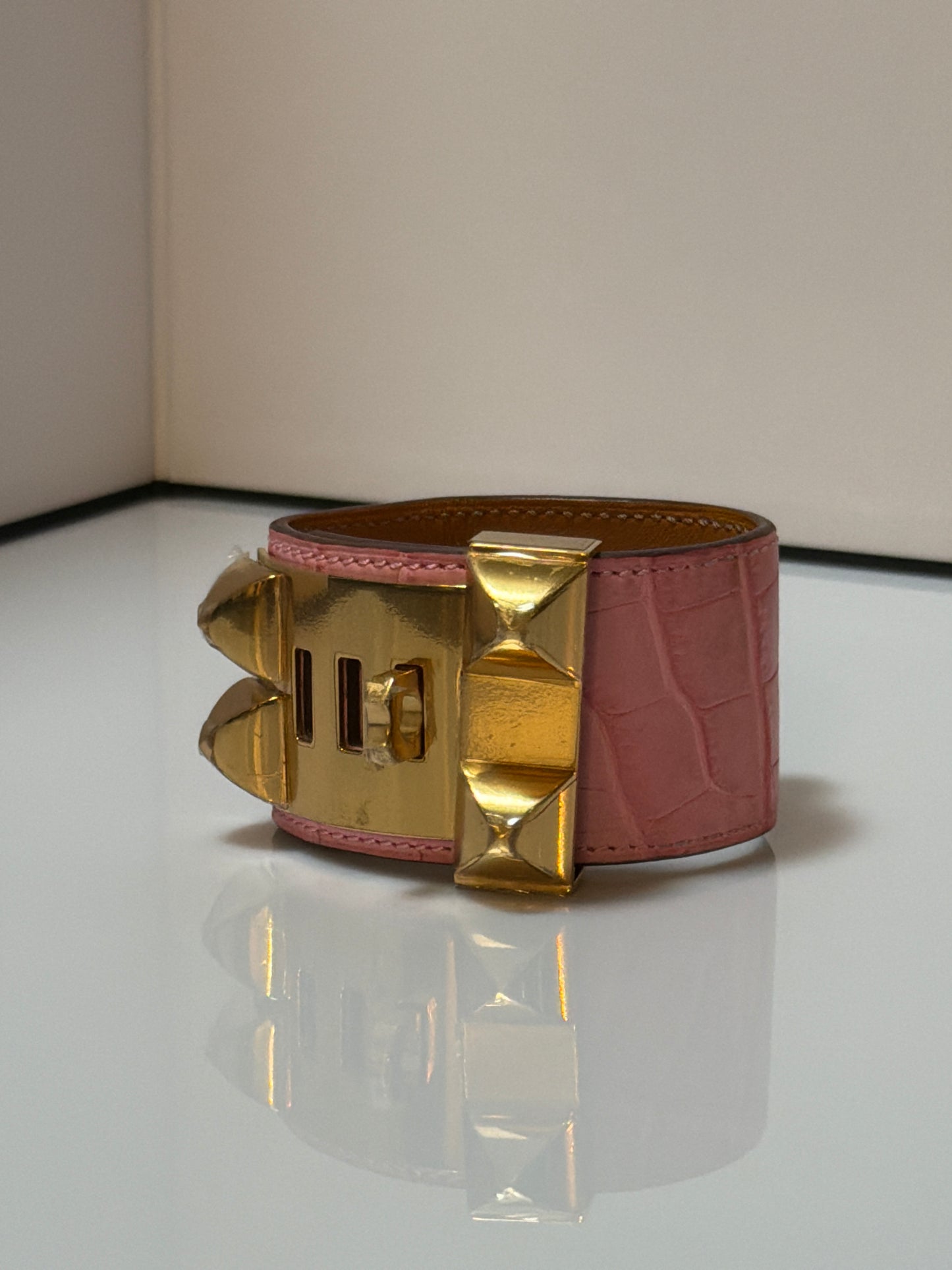 Hermes Alligator Collier De Chien Cuff Wrap Bracelet Pink