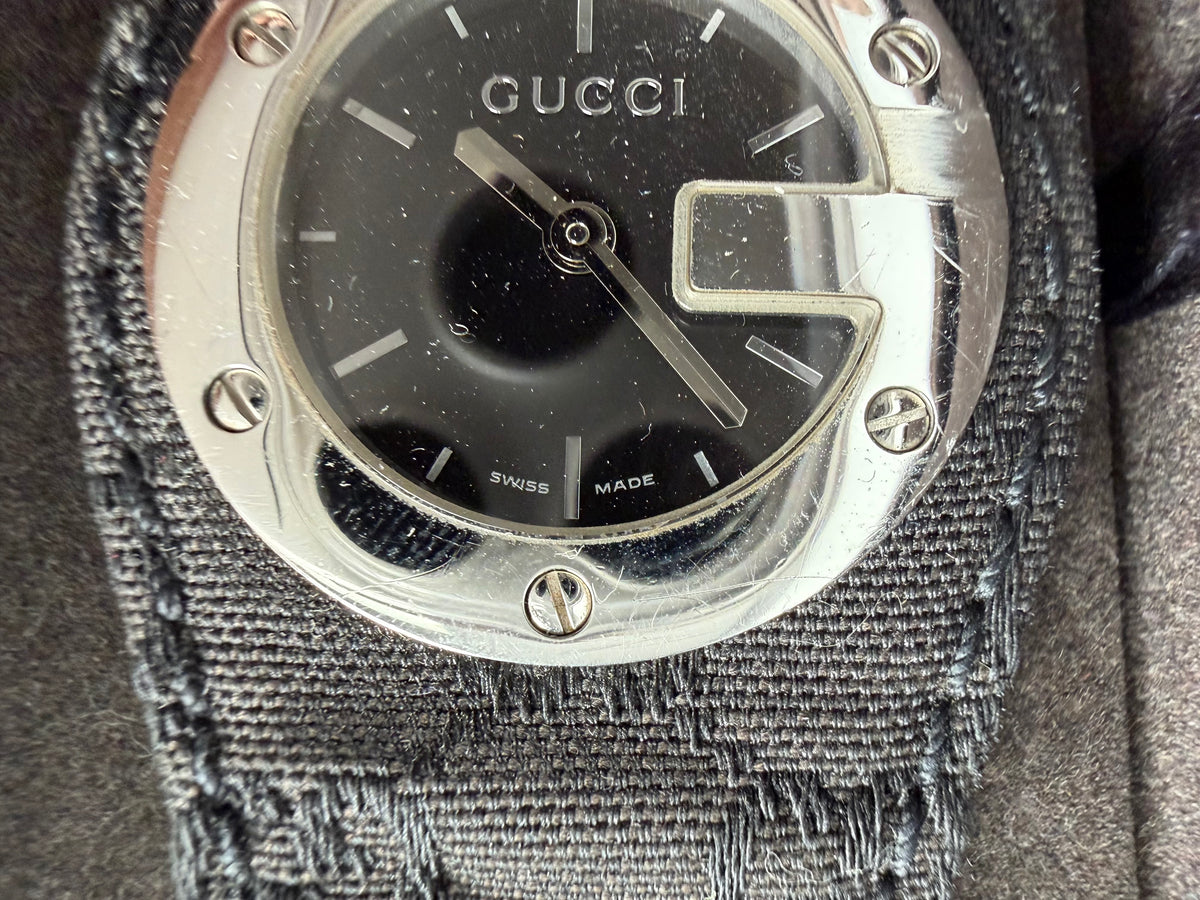 Gucci G-Bandeau Watch (Series 104) in Black Monogram Canvas Strap Stainless Steel K3