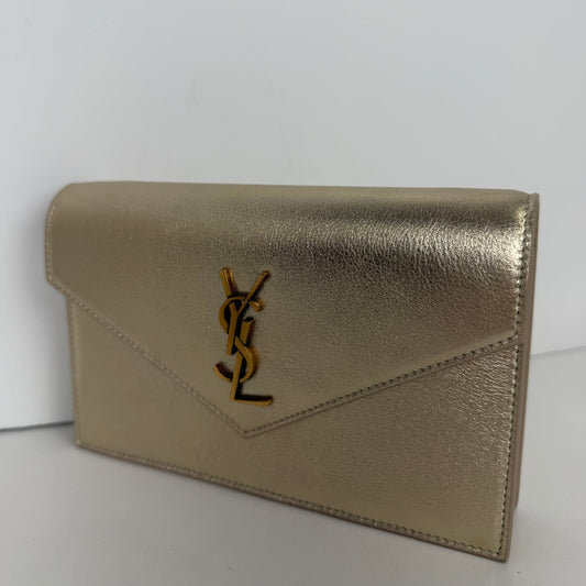 Saint Laurent Envelope Chain Wallet Azalea in Metallic Calfskin YS15