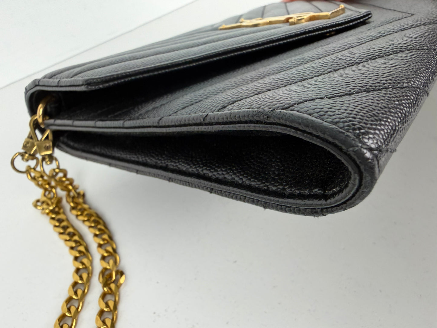 Saint Laurent Cassandre Envelope Wrist Bag in Black Quilted Grain De Poudre Leather YS-04