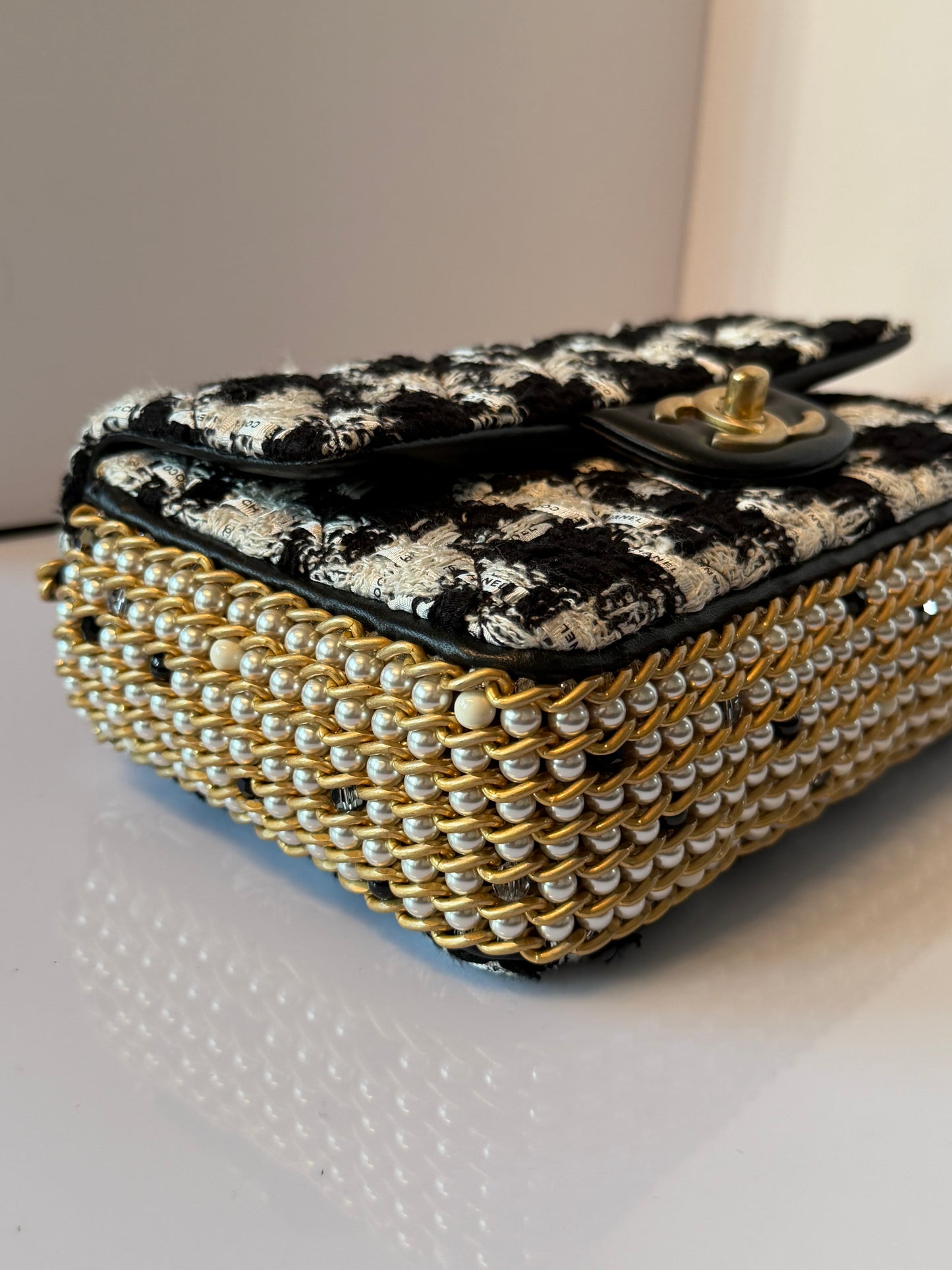 CHANEL Black/White Quilted Tweed River Of Pearls Mini Flap Bag