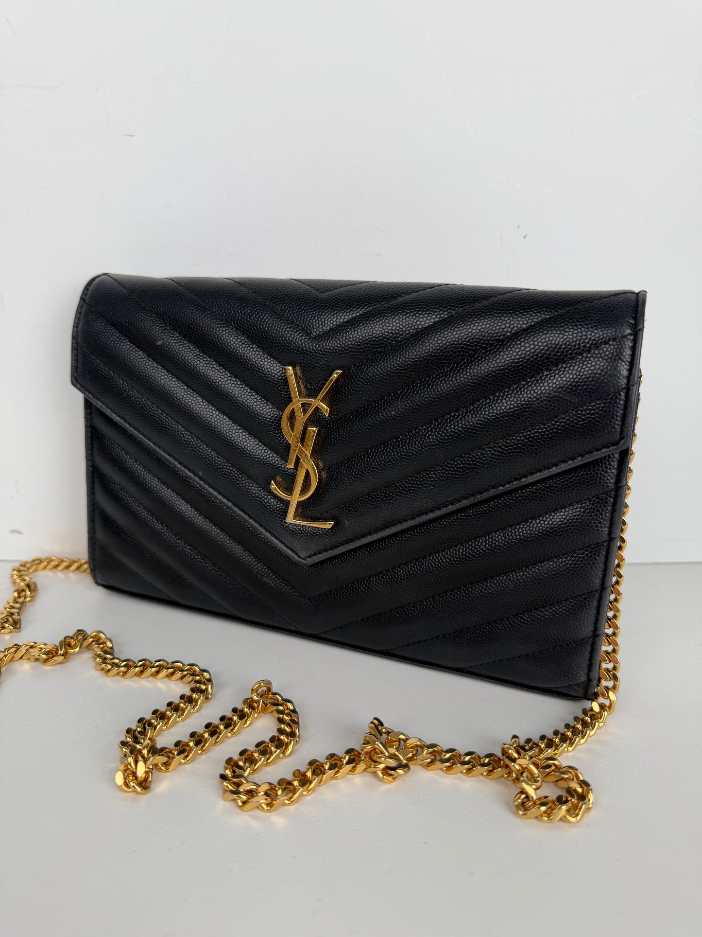 Saint Laurent Cassandre Wallet on Chain Bag in Black Grain De Poudre Leather YS-03