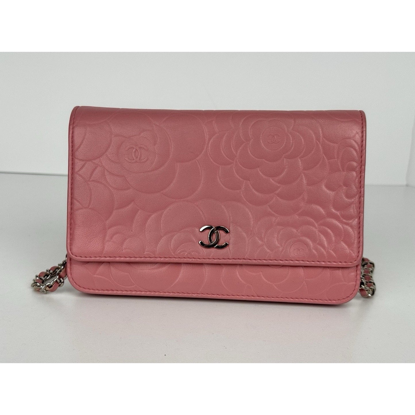 Chanel Camellia Wallet on Chain Pink Embossed Lambskin Silver Hardware B-9