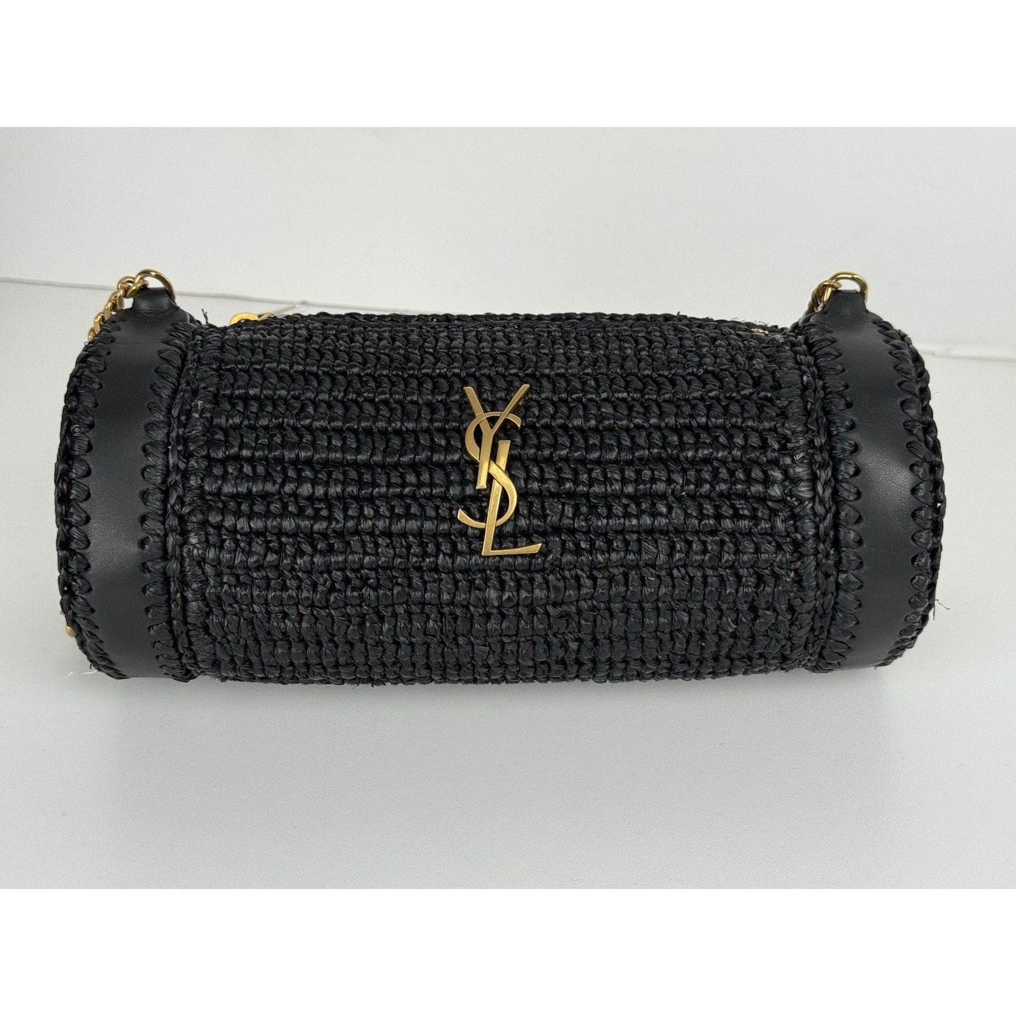 SAINT LAURENT Small Cylinder Black Raffia & Leather Shoulder Bag