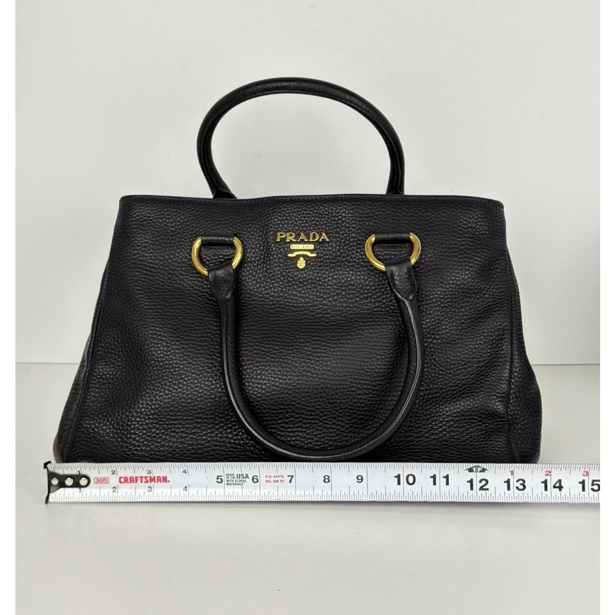 Prada Vitello Daino Medium Top Handle Bag in Black Leather Gold-Tone Hardware E6