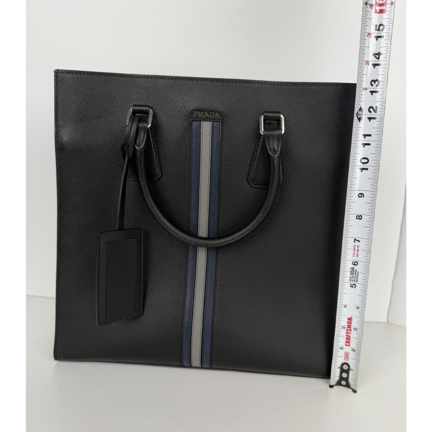 Prada Web Stripe Vertical Tote Bag Large in Black Saffiano Leather S-12