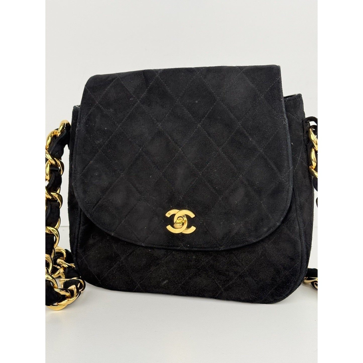 CHANEL Vintage Round Flap Quilted Suede Chain Strap Shoulder Bag