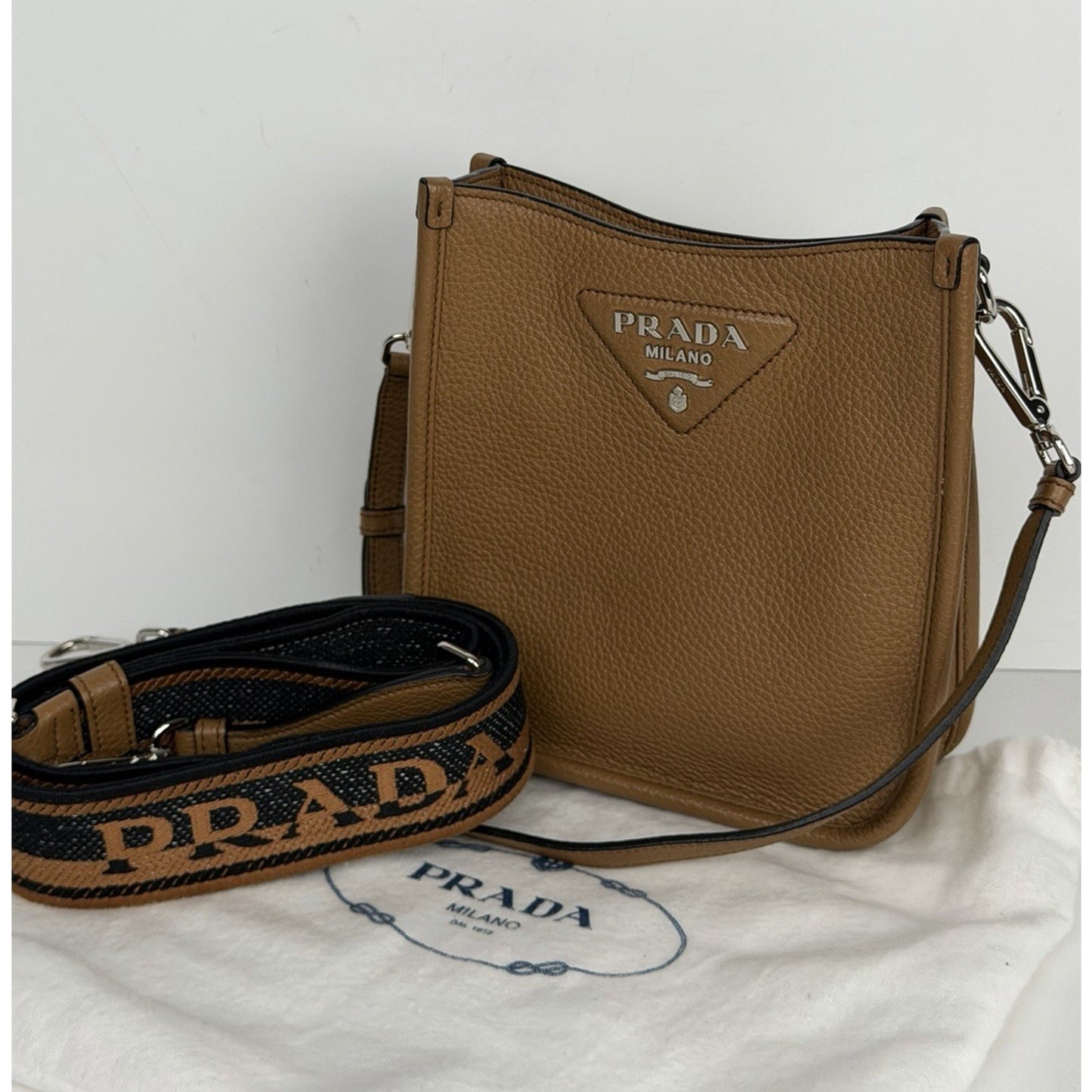 Prada Vitello Daino Soft Mini Hobo Messenger Bag in Caramel Brown Leather