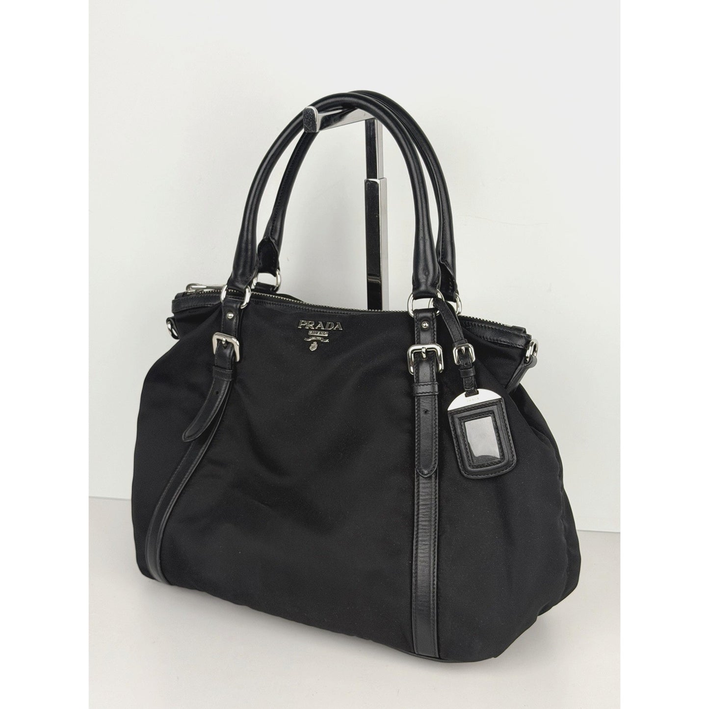 Prada Tessuto Top-Handle Bag Medium in Black Nylon with Silver Hardware S-12