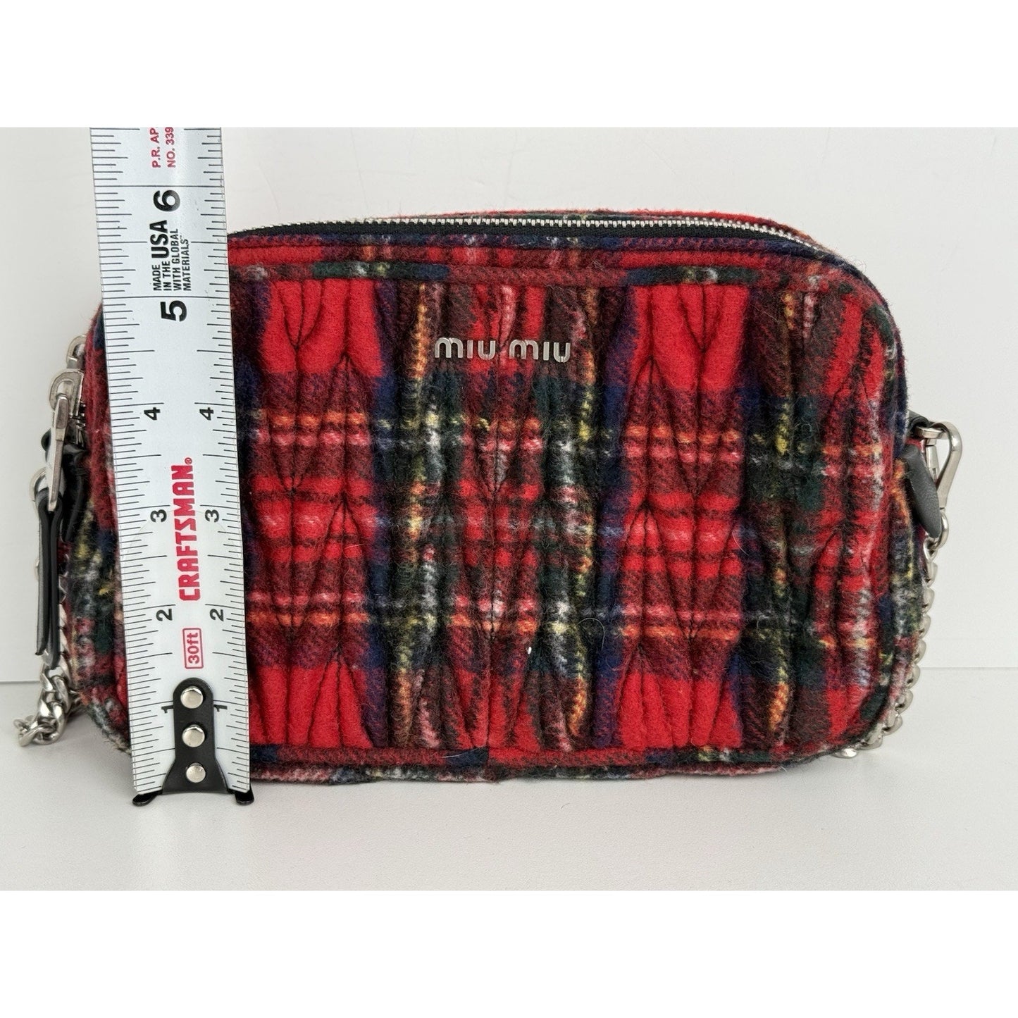 Miu Miu Tartan Matelassé Double Zip Chain Bag Red