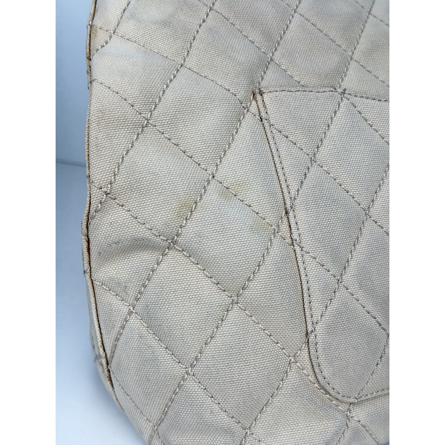 Chanel Quilted Caviar Logo and Canvas Medallion Tote Handbag Beige 2004-2005 C7