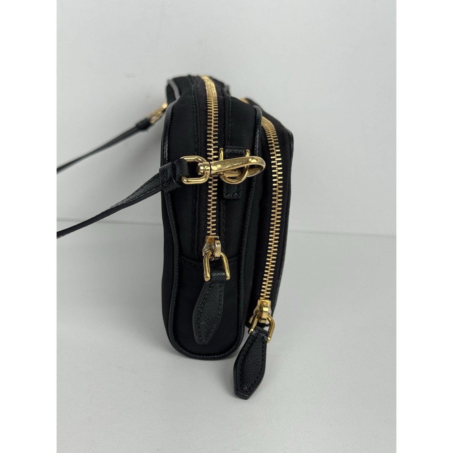 Prada Saffiano Leather Mini Double Zip Crossbody Black B-6