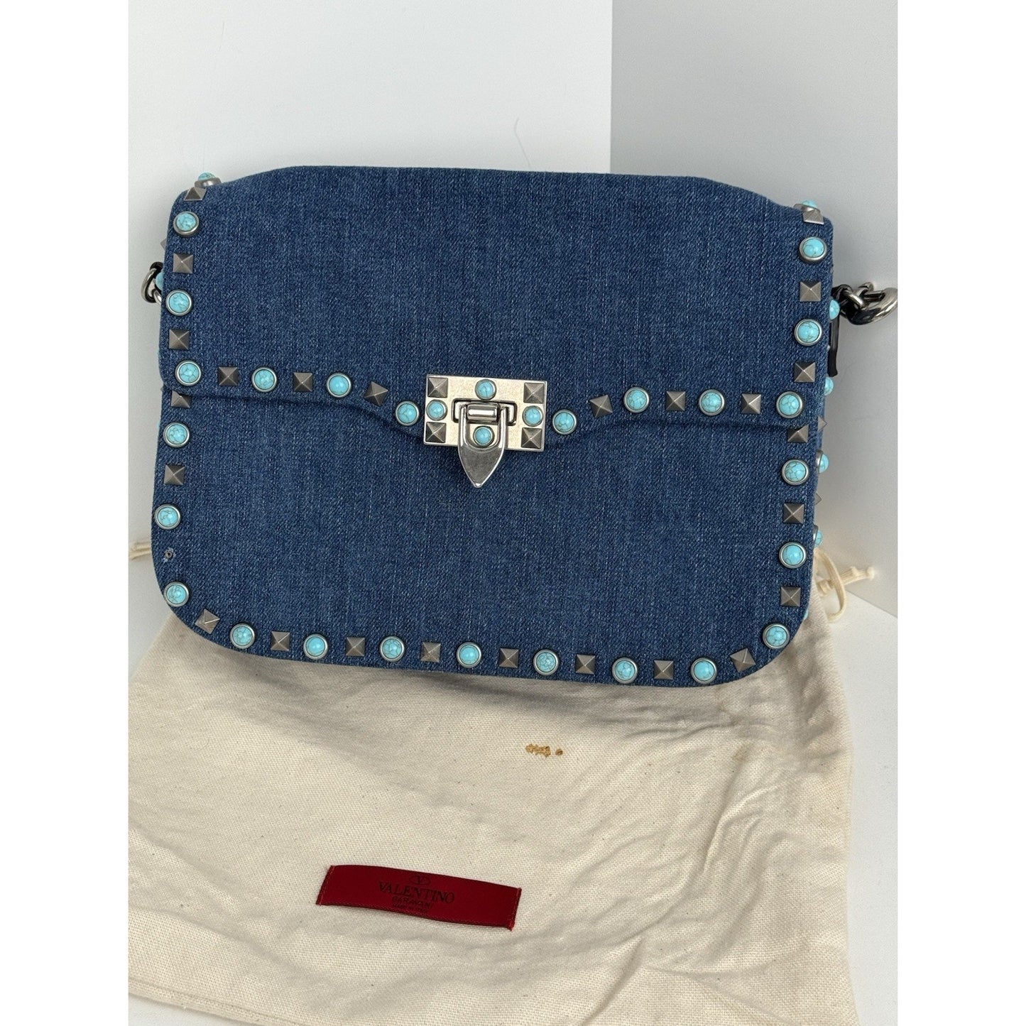 Valentino Rolling Rockstud Denim and Leather Shoulder Bag with Multicolor Strap