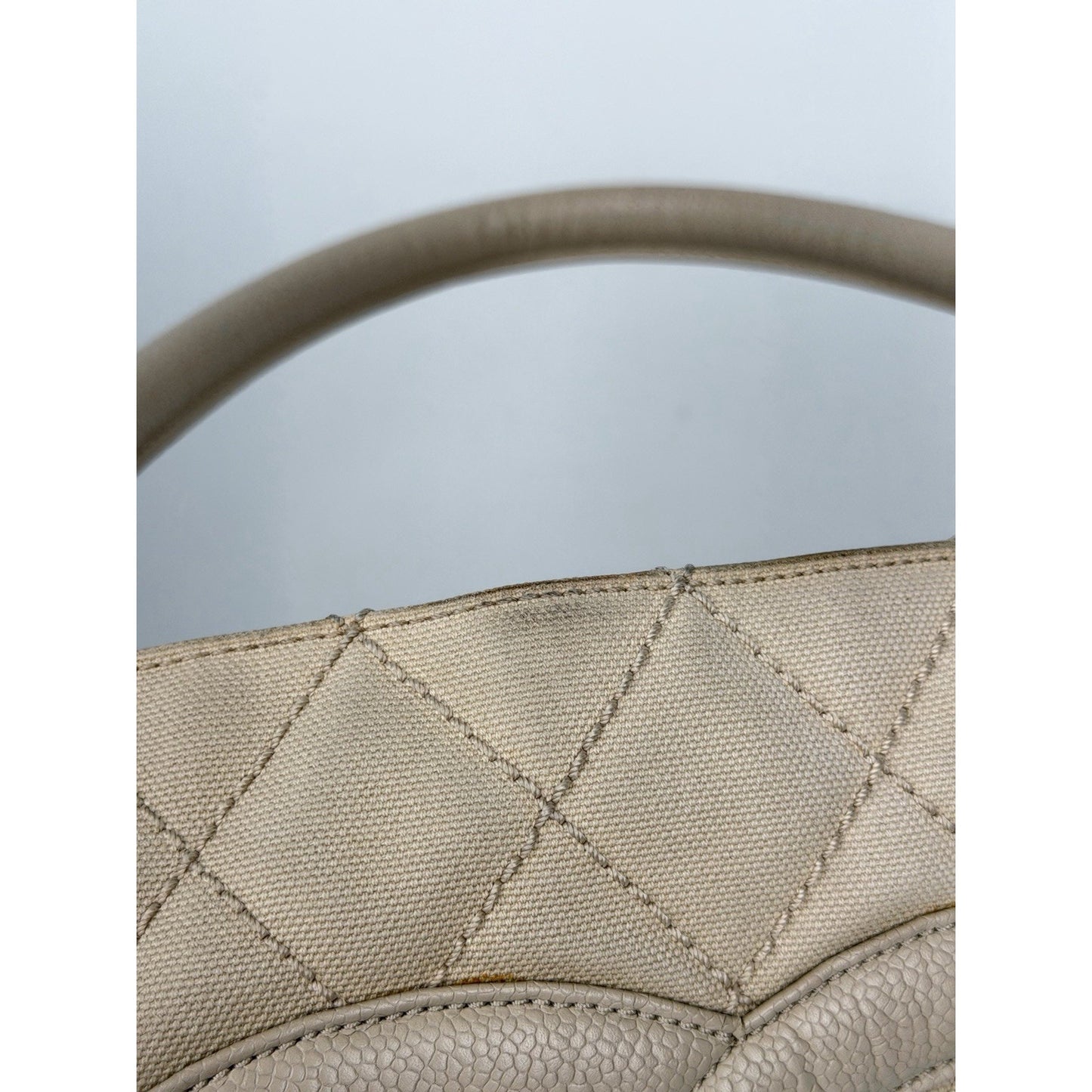 Chanel Quilted Caviar Logo and Canvas Medallion Tote Handbag Beige 2004-2005 C7
