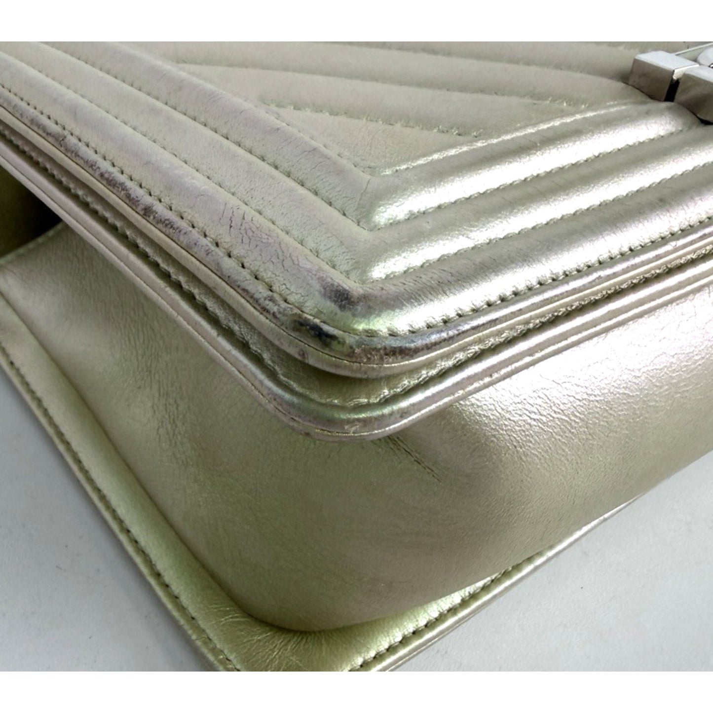 Chanel Old Medium Boy Bag in Iridescent Green Chevron Lambskin 2017 D1