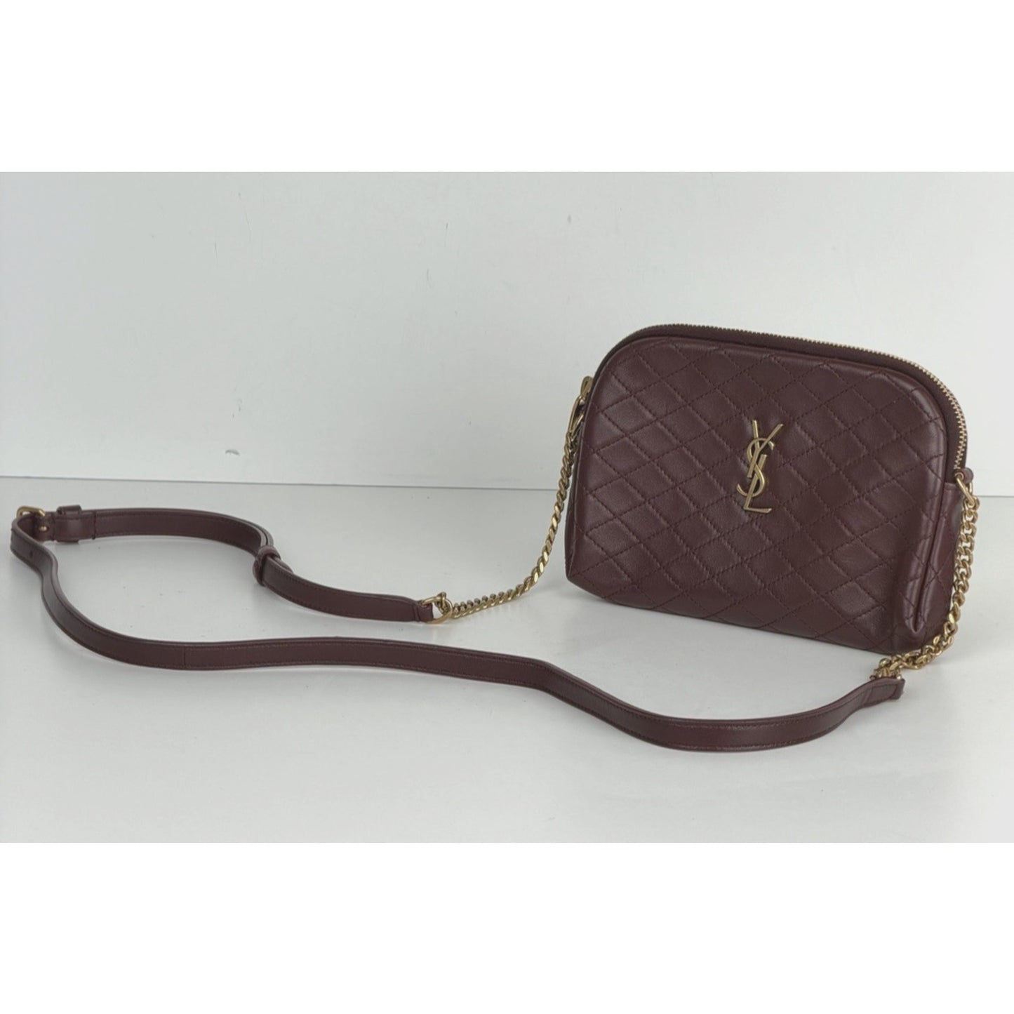 Saint Laurent Gaby Mini Bag Diamond-Quilted Leather Crossbody in Burgundy S07