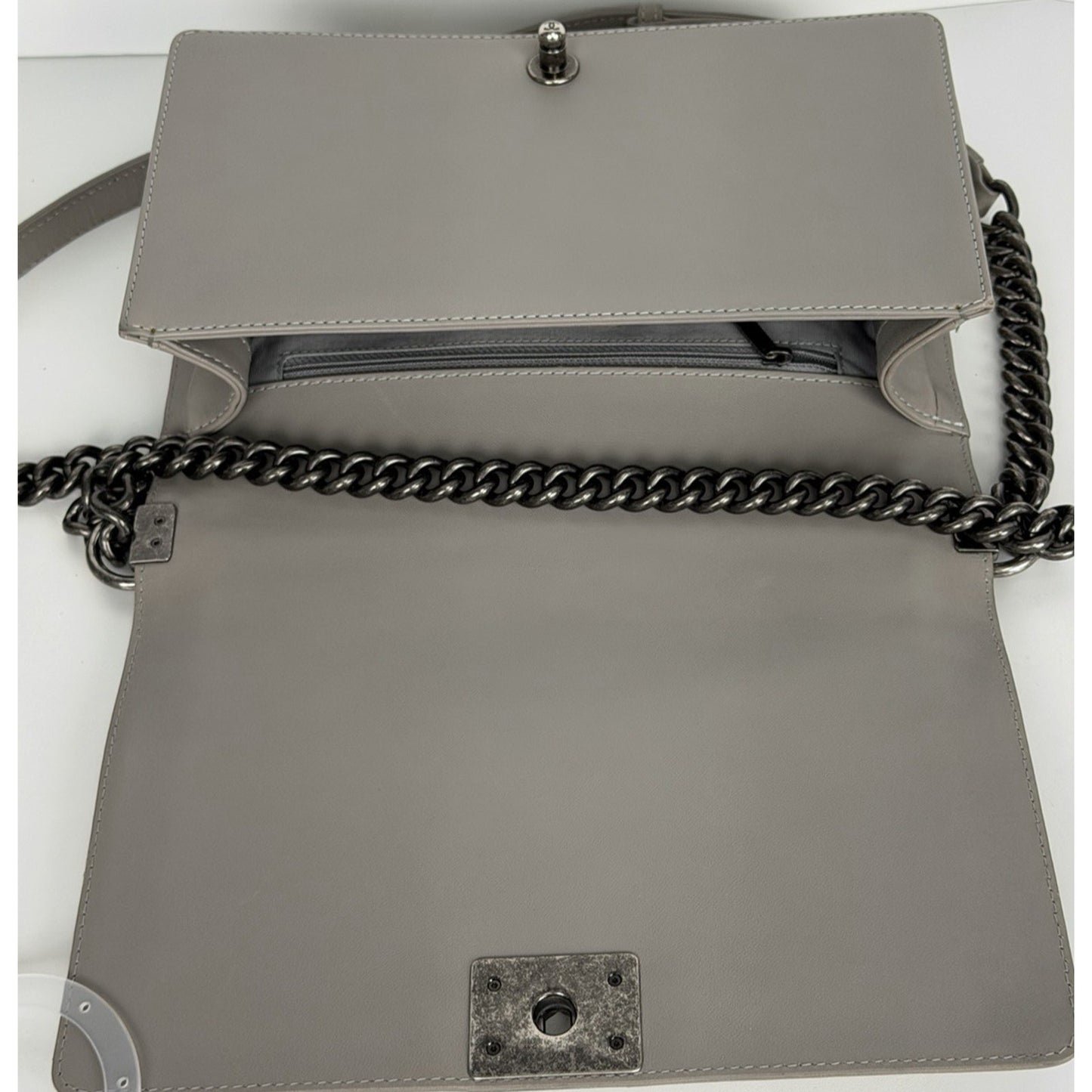 Chanel Boy Bag with Geometric Quilted Pattern in Gray Leather