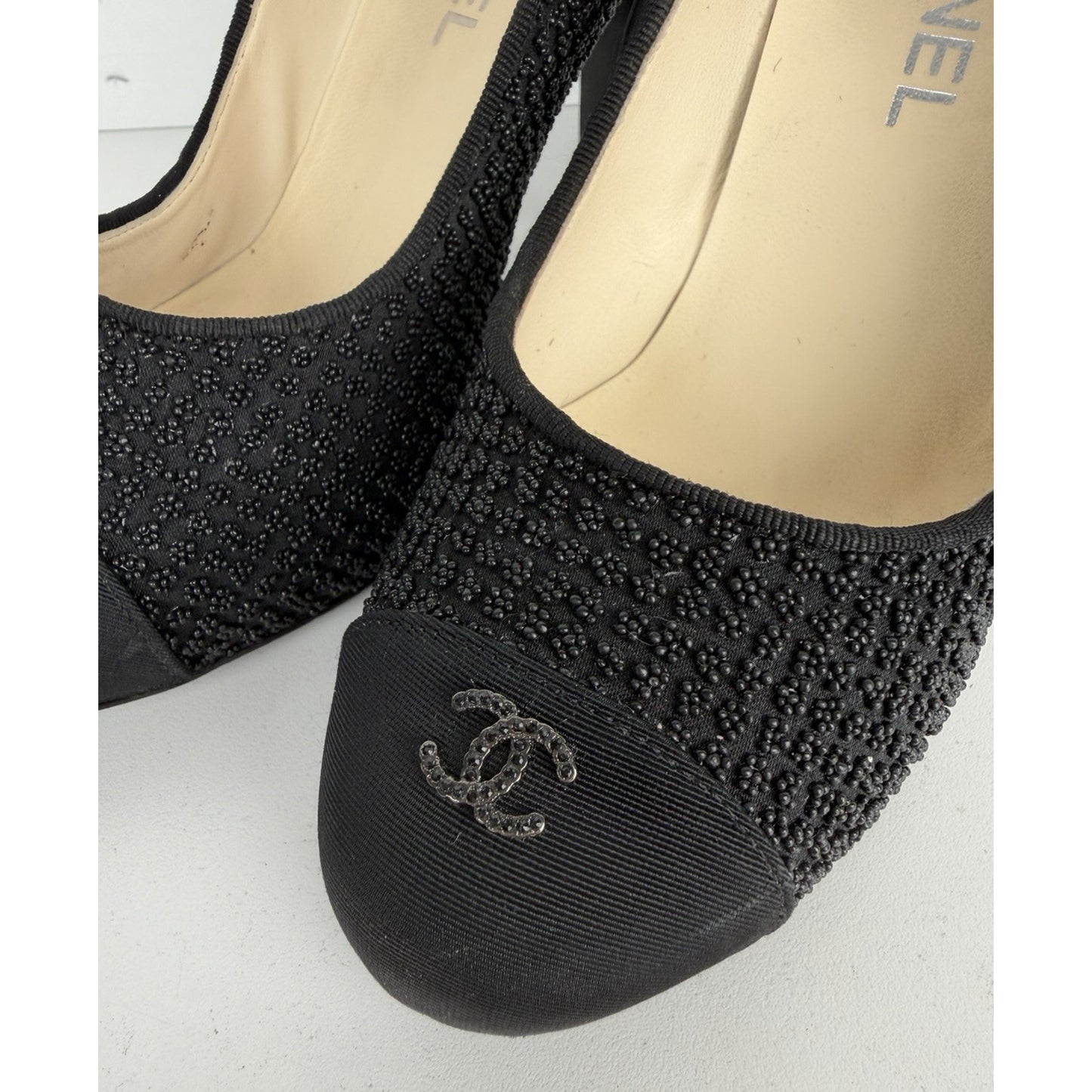 Chanel Interlocking CC Logo Beaded Cap-Toe Pumps in Black EU 38.5