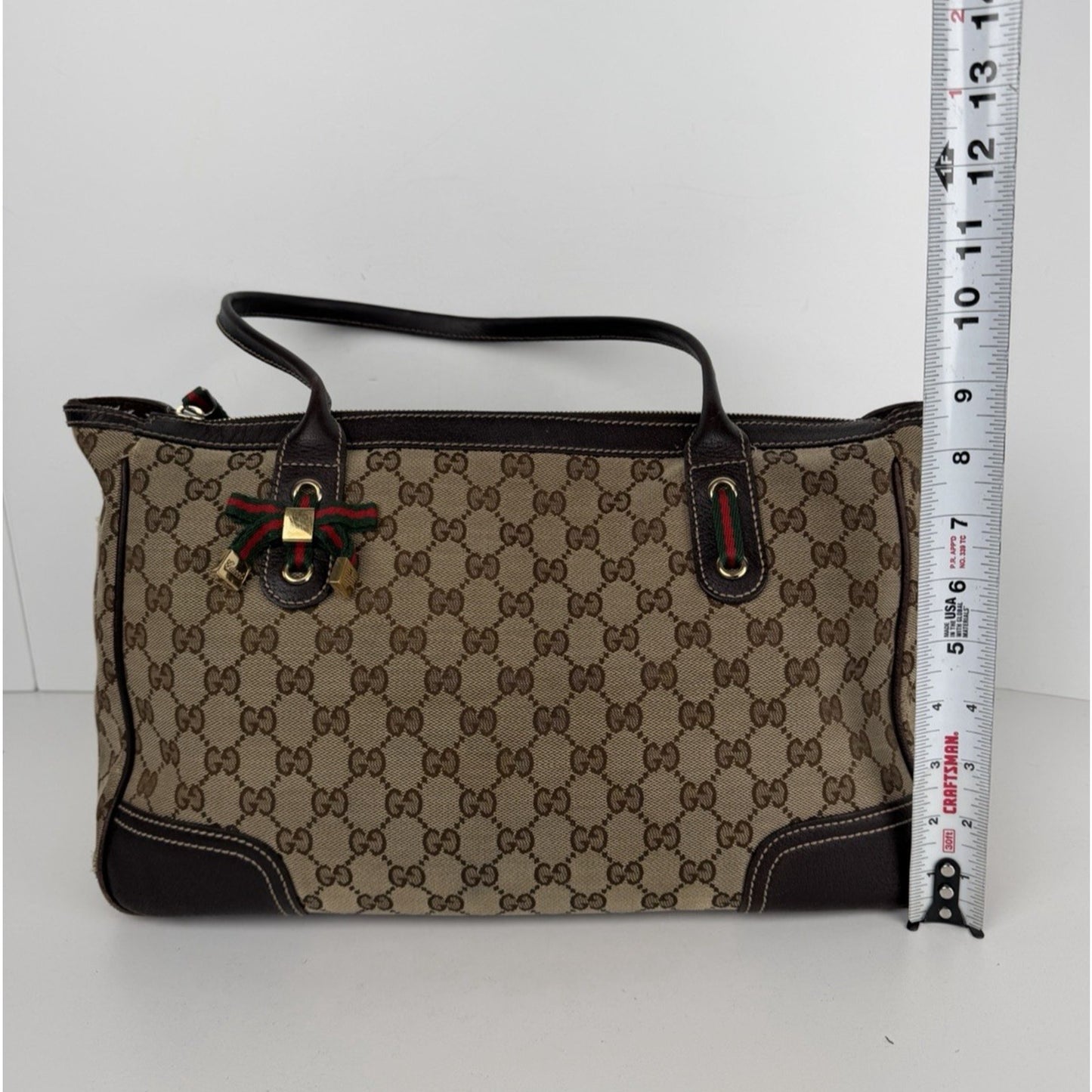Gucci Medium Princy Tote Bag in GG Monogram Brown Canvas with Web Ribbon S18