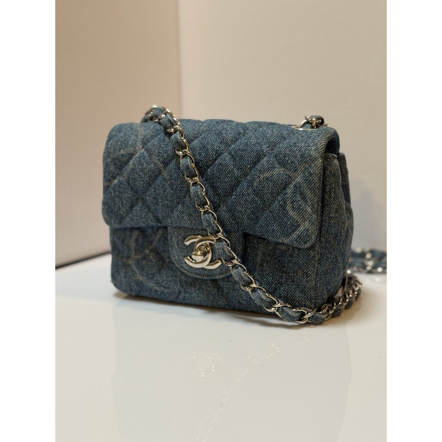 Chanel Square Classic Single Flap Bag Quilted CC Printed Denim Mini