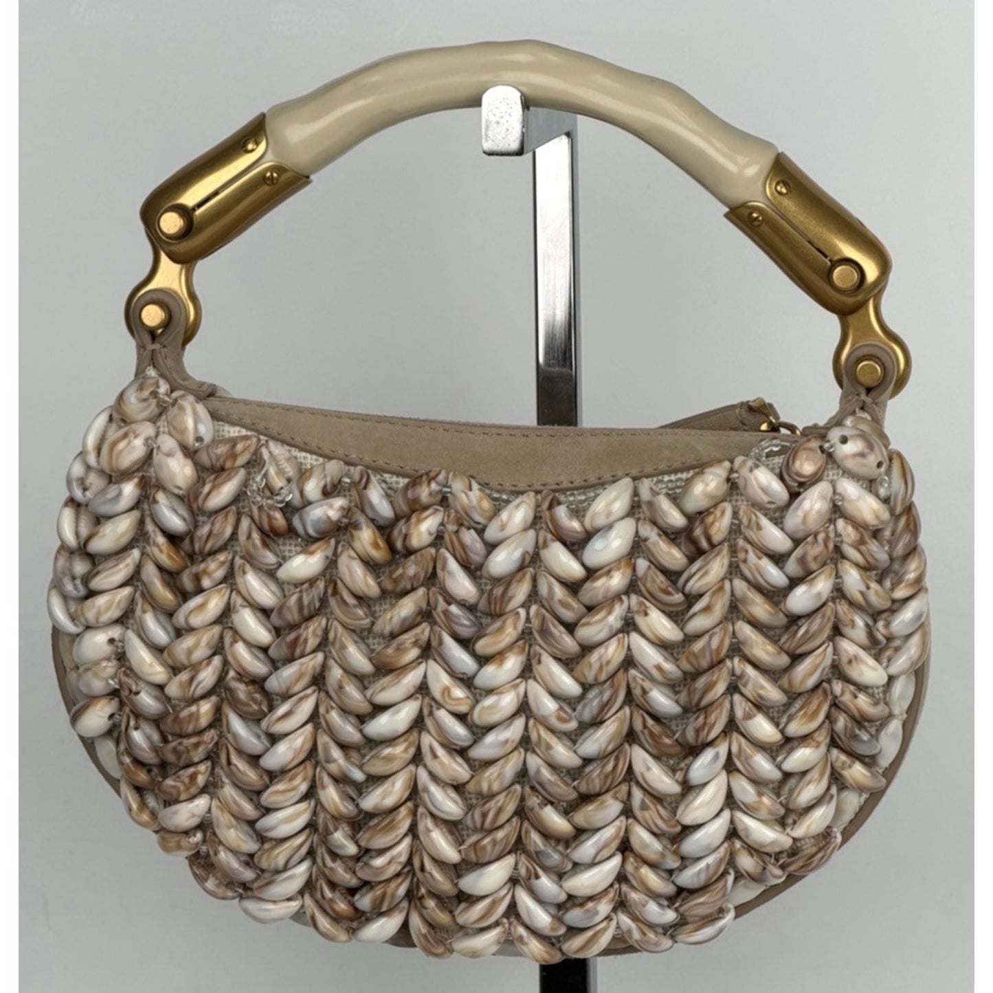 Balmain Ebene Mini Bag with Resin Top-Handle Beaded with Shell Embellishments E5